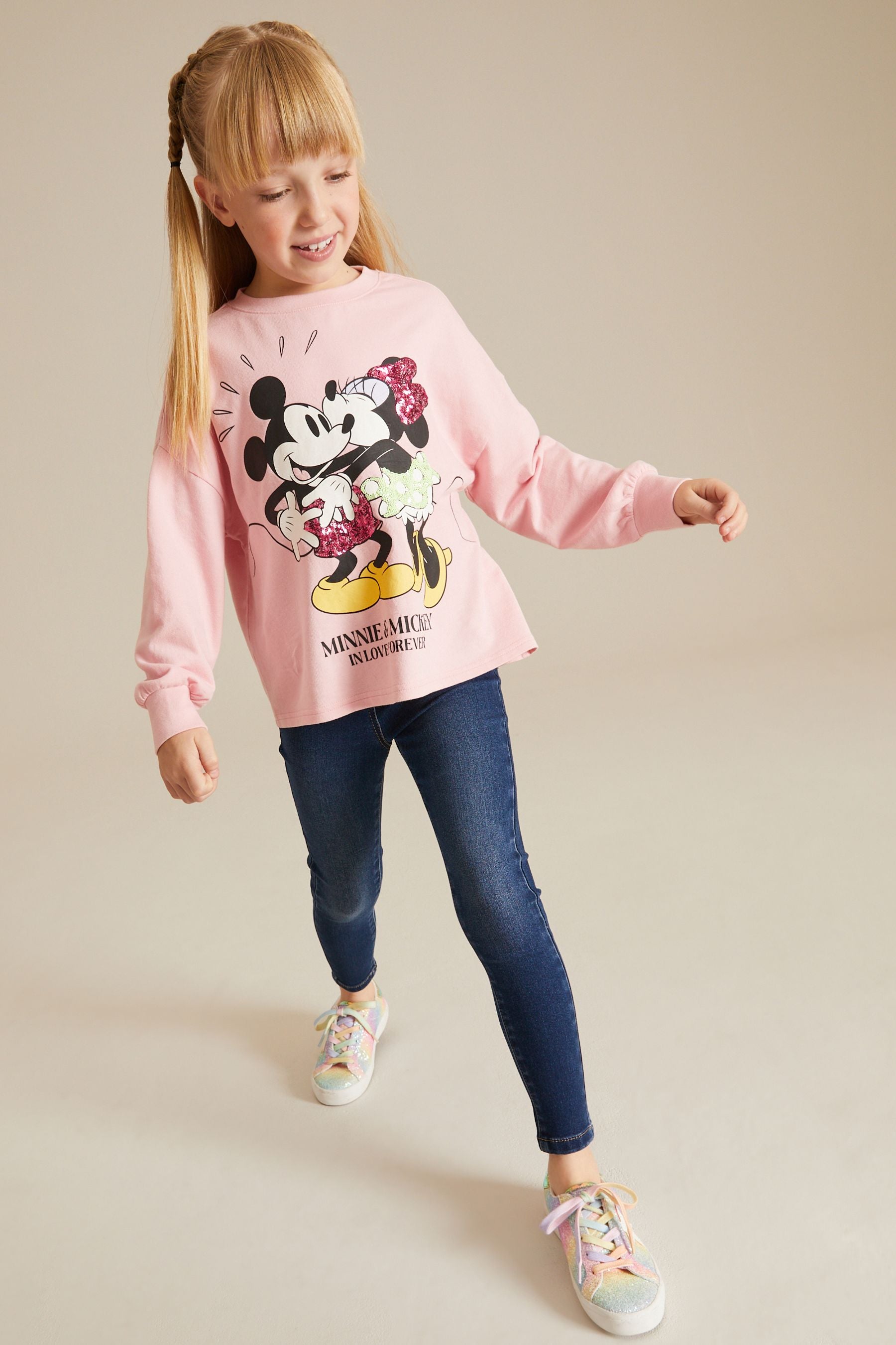 Pink Sequin Disney Minnie & Mickey Mouse License Long Sleeve T-Shirt (3-16yrs)