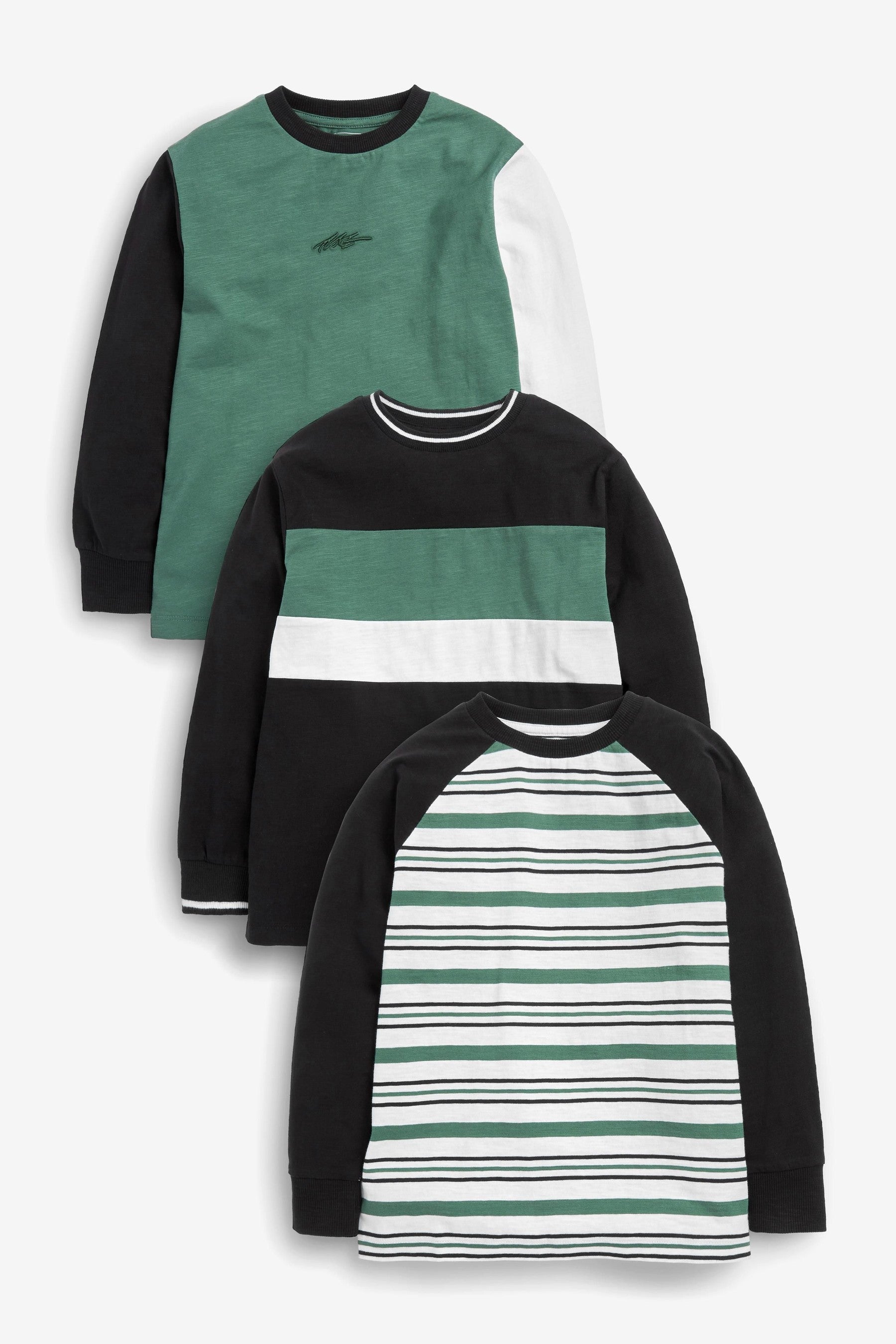 Green Stripe 3 Pack Long Sleeve T-Shirts (3-16yrs)