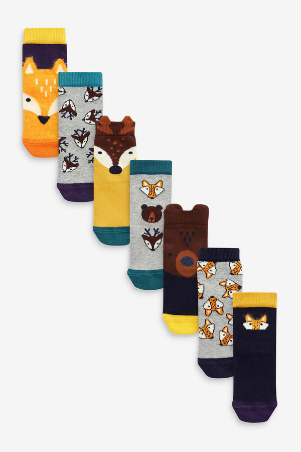 Blue/Orange Woodland Character 7 Pack Cotton Rich Socks