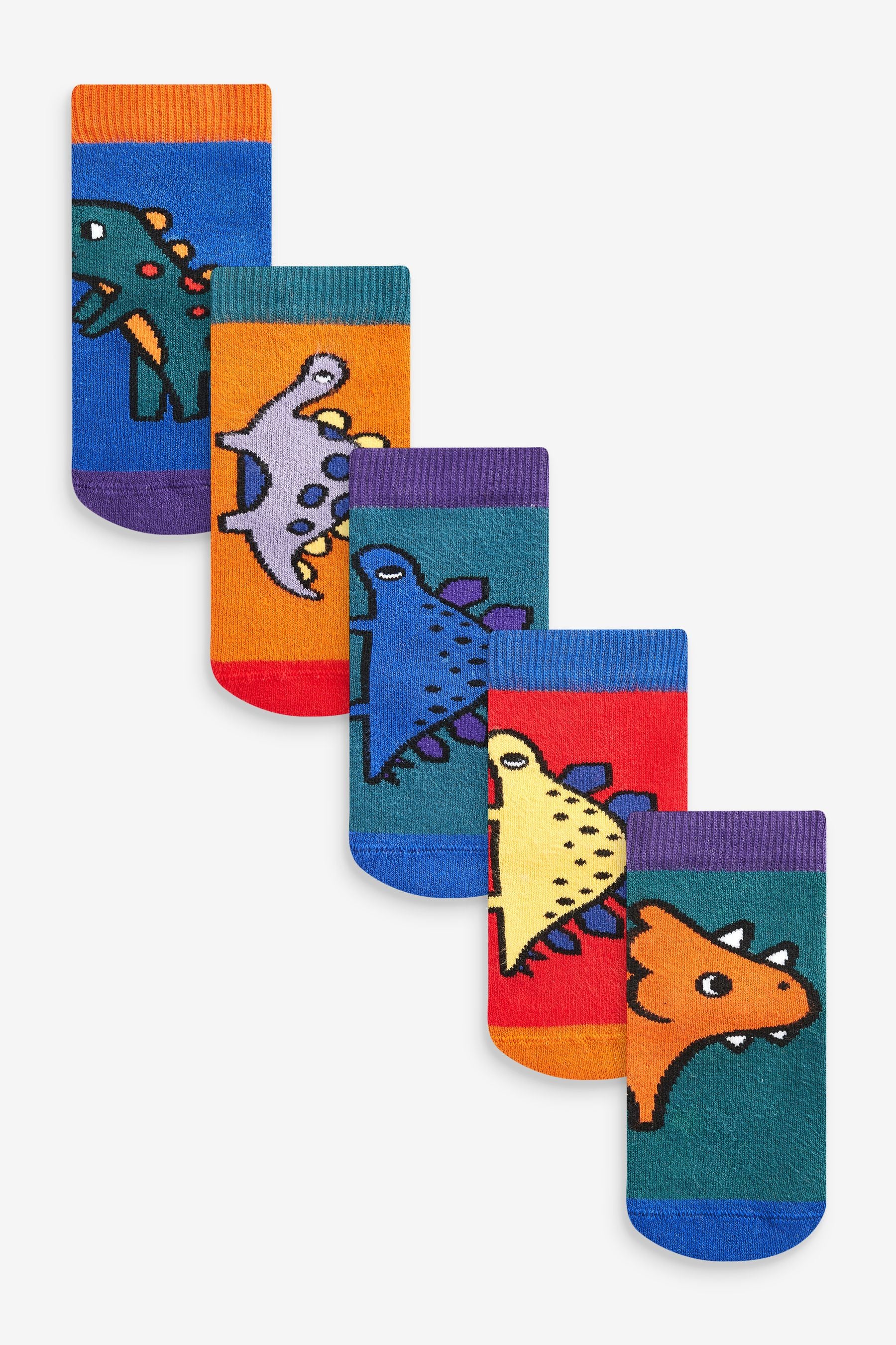 Blue/ Orange Dinosaur 5 Pack Cotton Rich Terry Socks