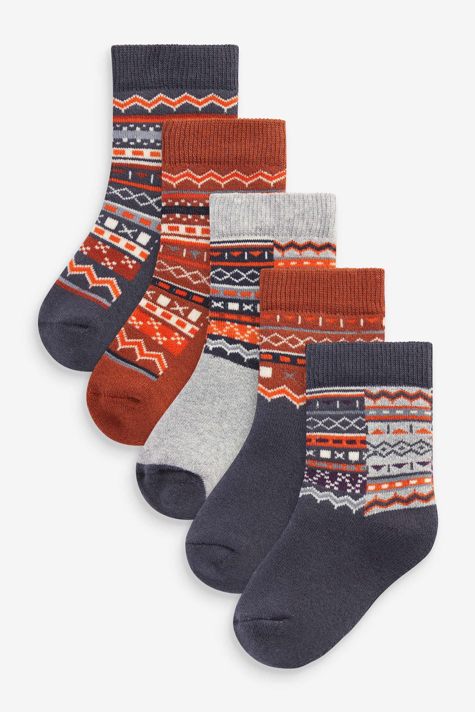 Orange/Grey Fairisle Pattern 5 Pack Cotton Rich Terry Socks