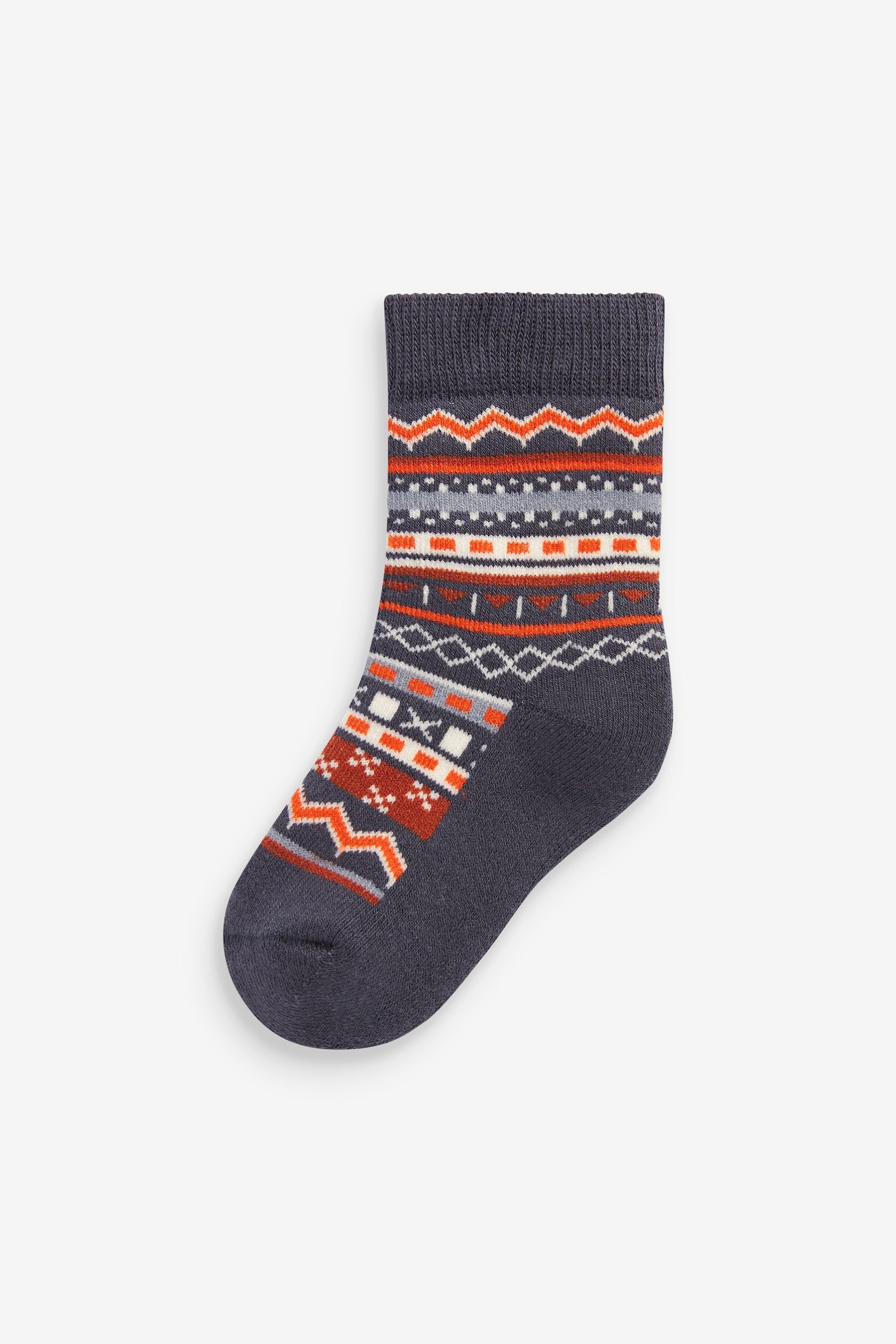 Orange/Grey Fairisle Pattern 5 Pack Cotton Rich Terry Socks