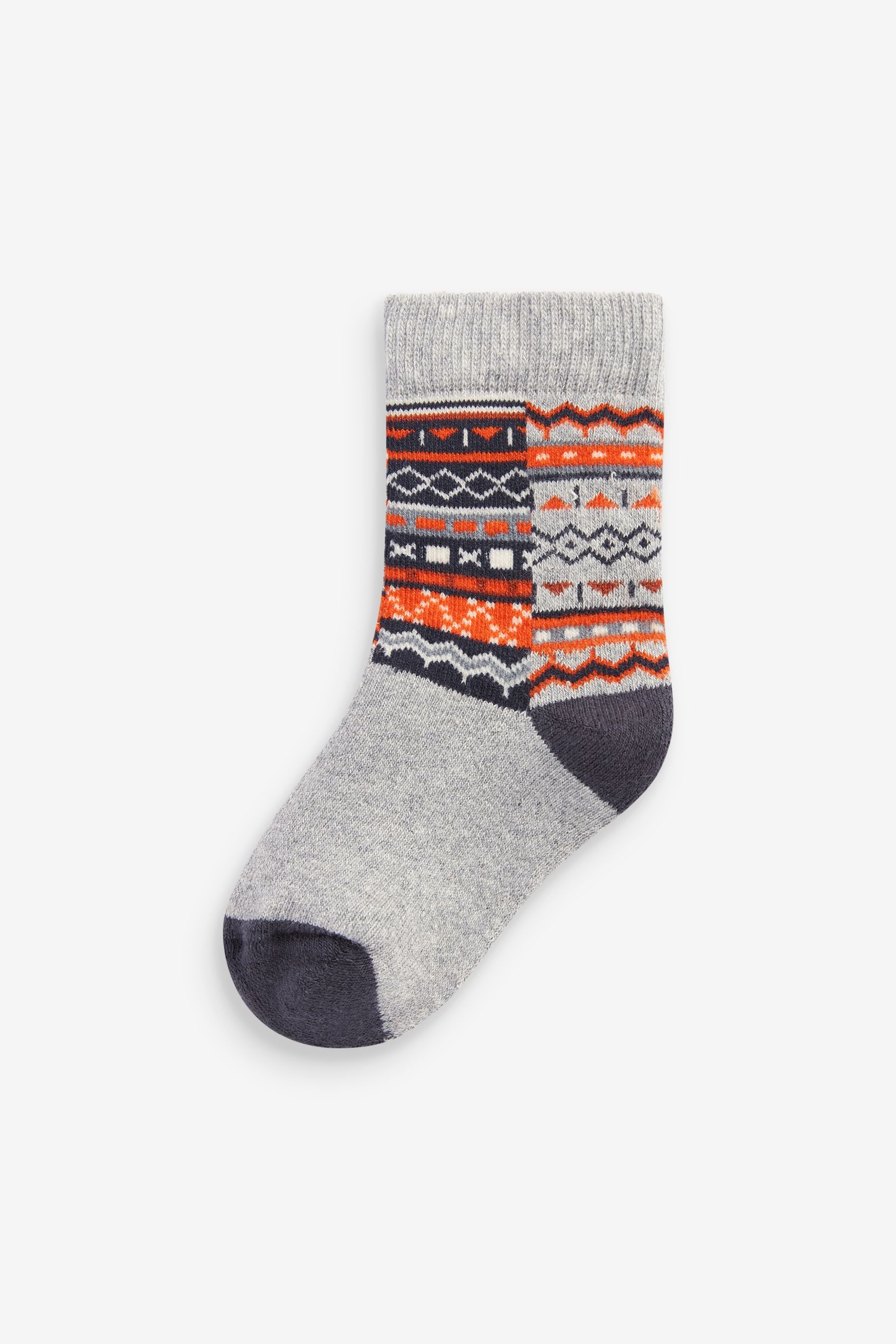 Orange/Grey Fairisle Pattern 5 Pack Cotton Rich Terry Socks