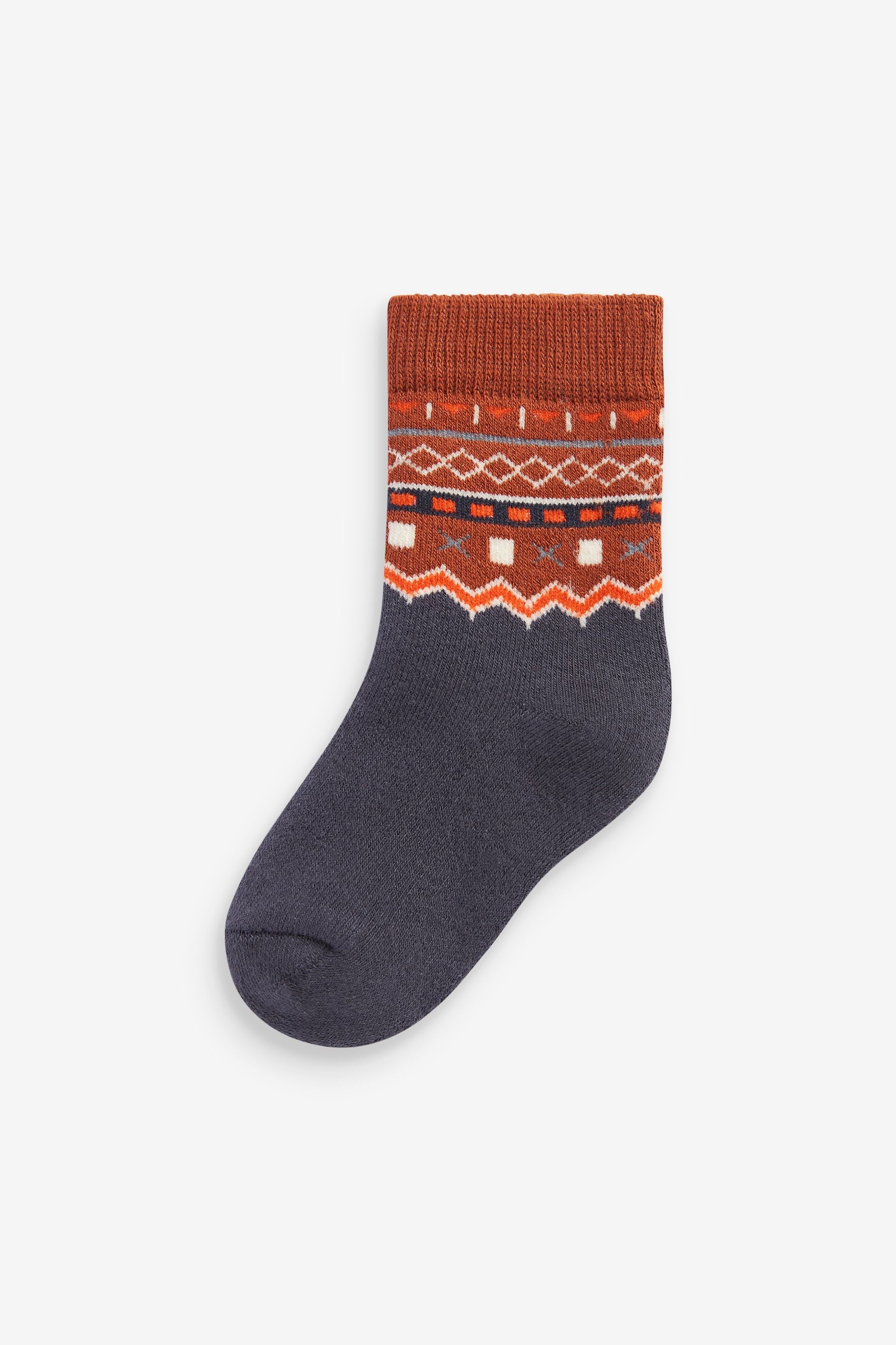 Orange/Grey Fairisle Pattern 5 Pack Cotton Rich Terry Socks