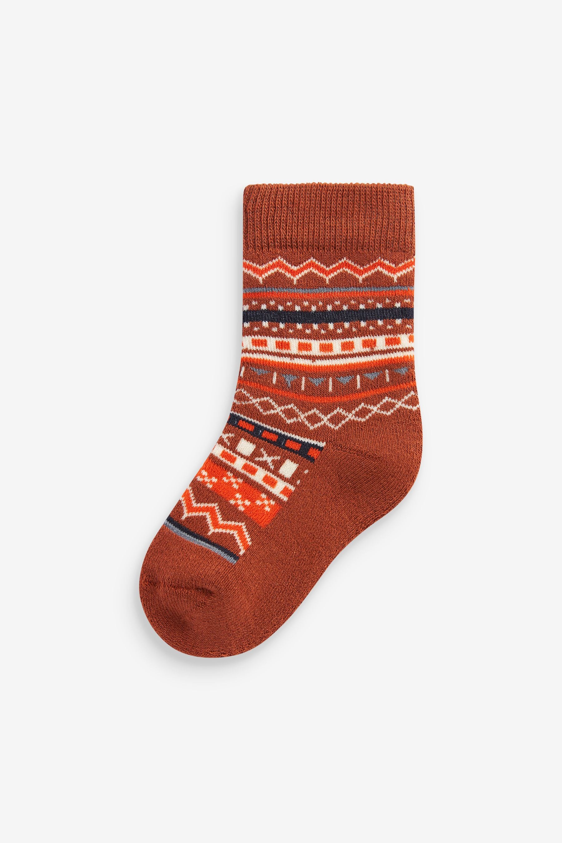 Orange/Grey Fairisle Pattern 5 Pack Cotton Rich Terry Socks