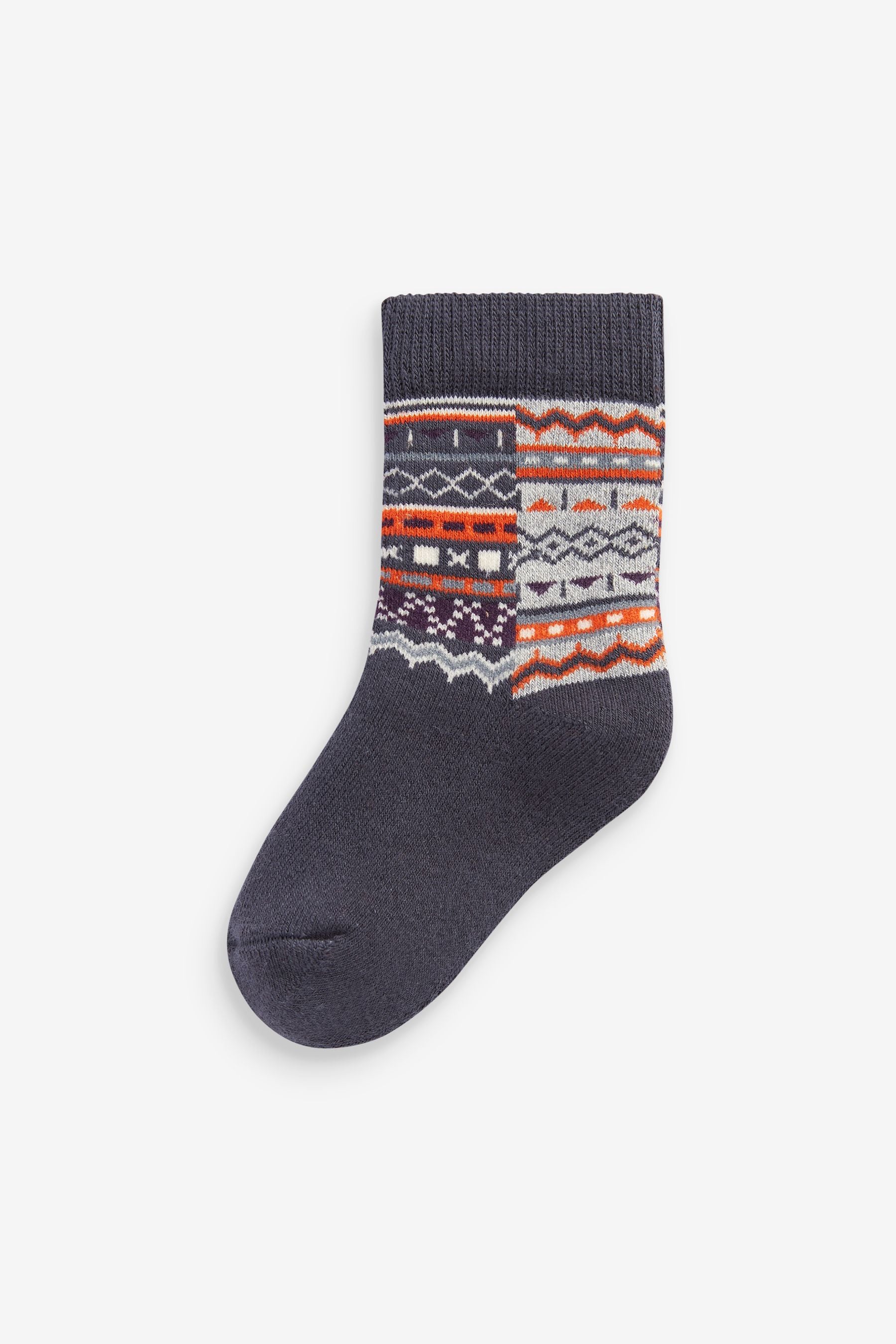 Orange/Grey Fairisle Pattern 5 Pack Cotton Rich Terry Socks