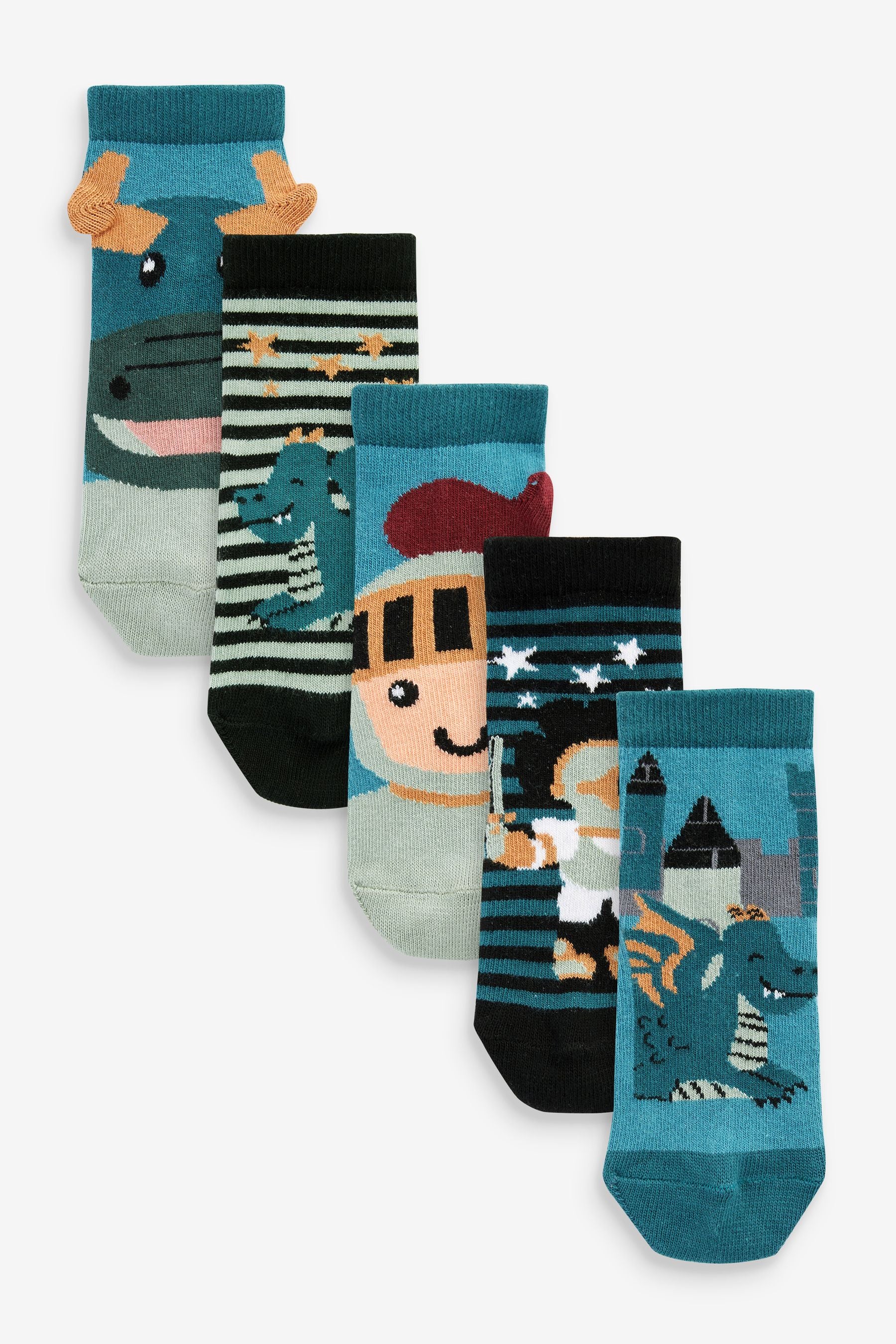 Teal Blue Knights And Dragons 5 Pack Cotton Rich Socks