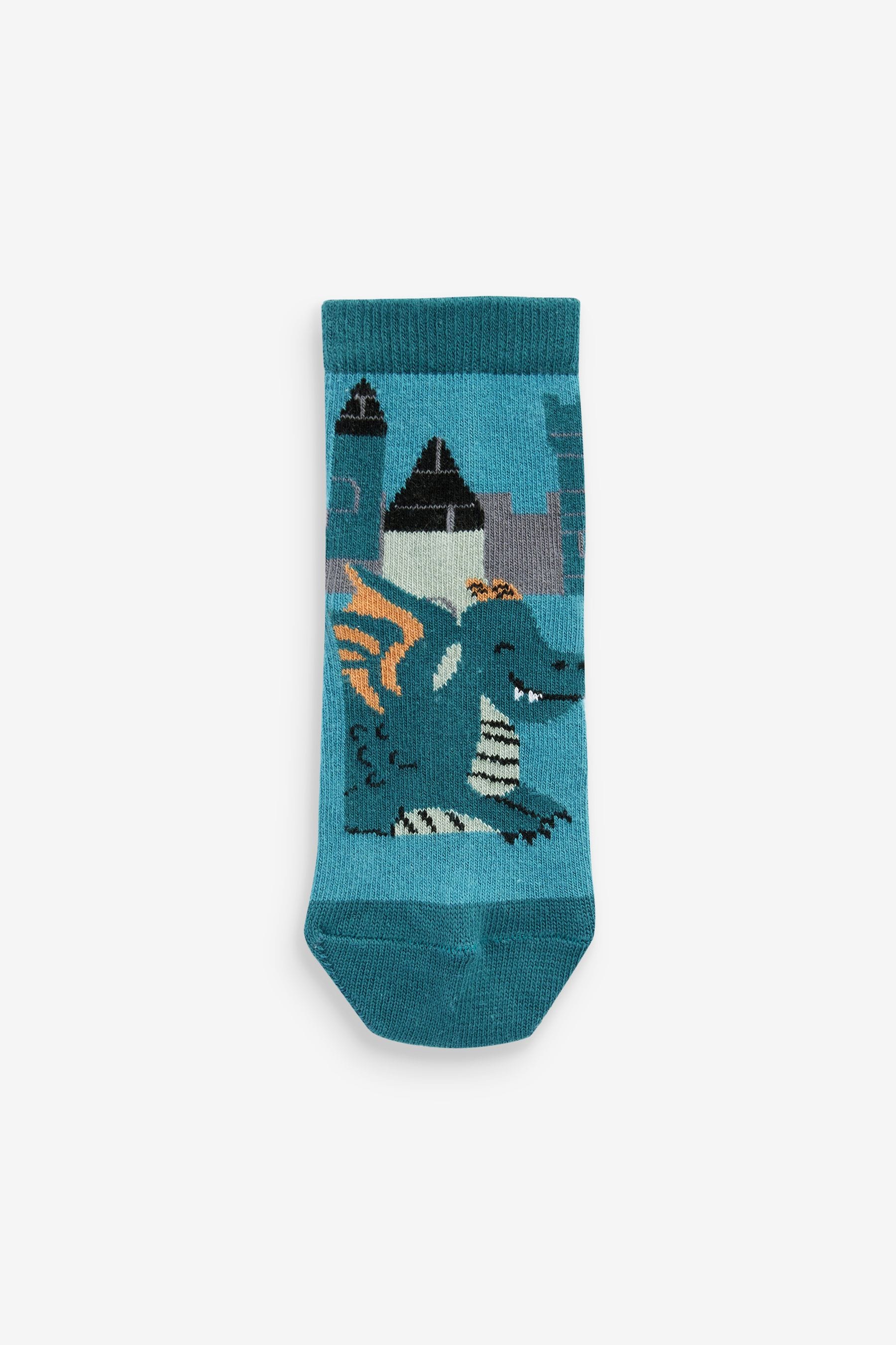 Teal Blue Knights And Dragons 5 Pack Cotton Rich Socks