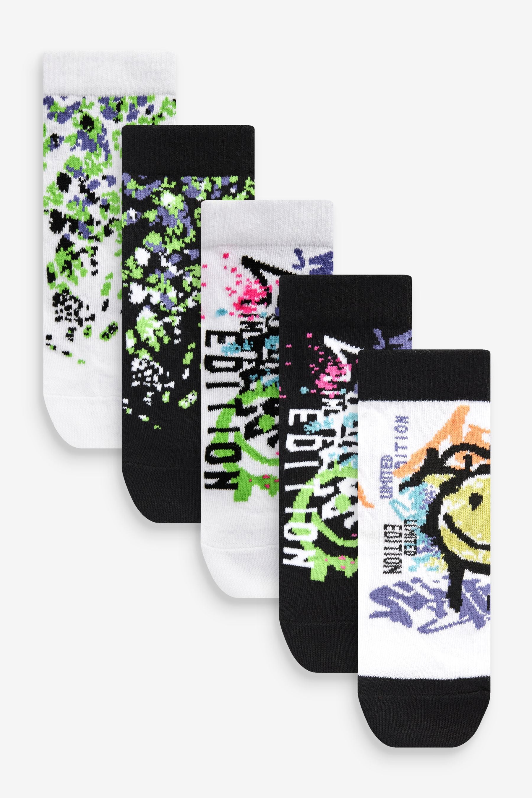 White Graffiti Smile 5 Pack Cotton Rich Socks