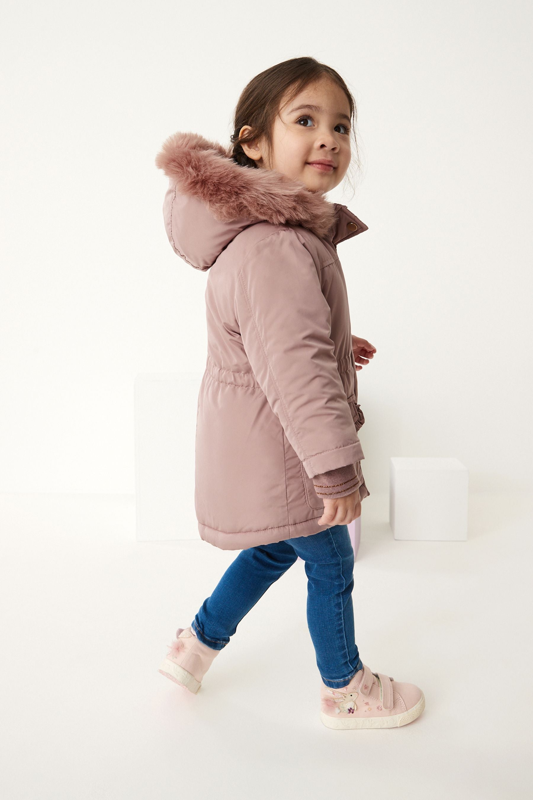 Pink Shower Resistant Faux Fur Trim Parka (3mths-7yrs)