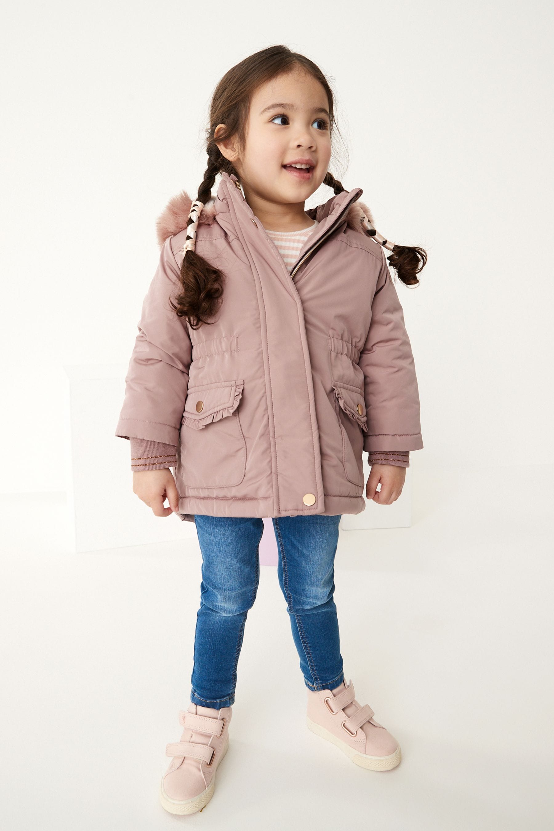 Pink Shower Resistant Faux Fur Trim Parka (3mths-7yrs)