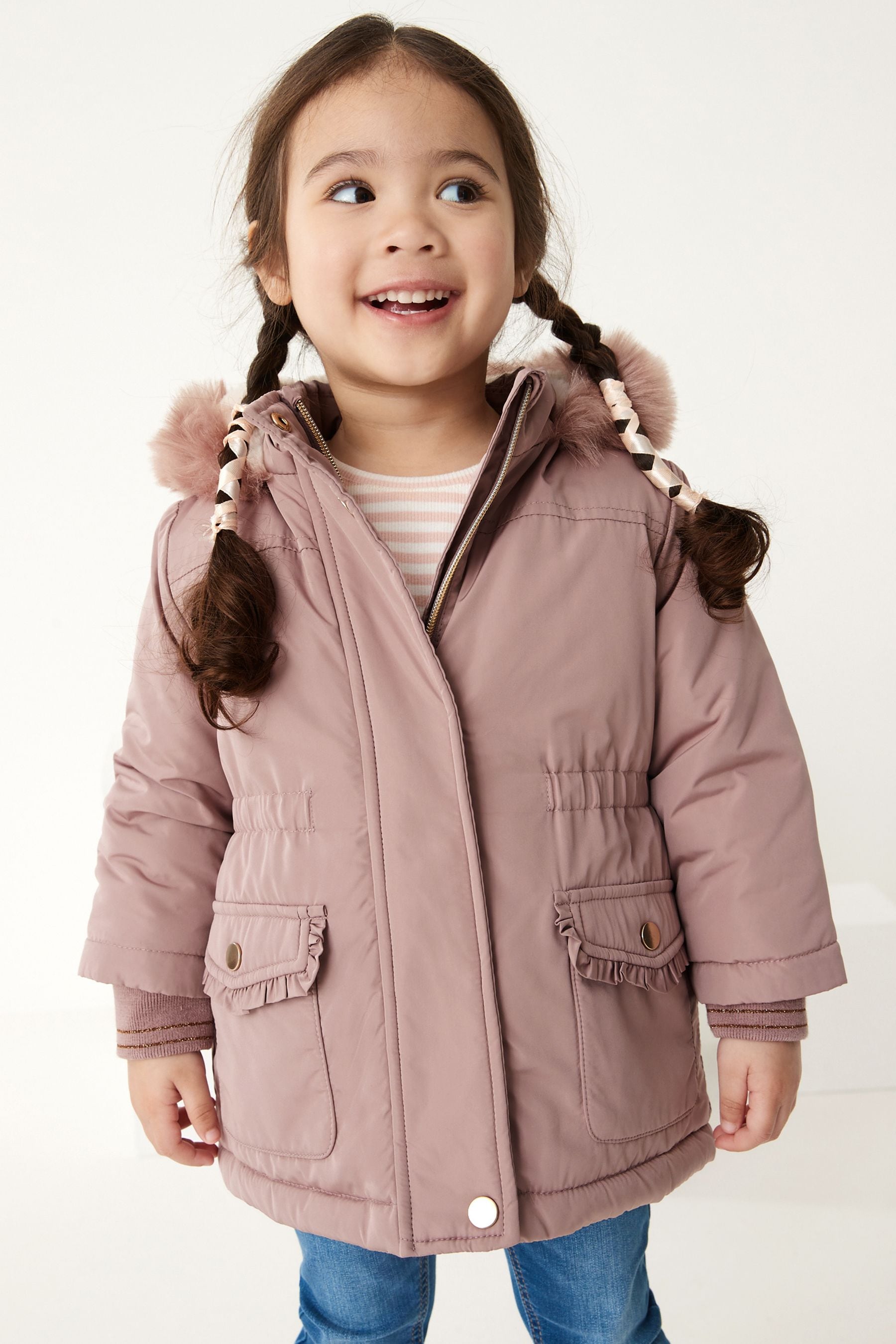 Pink Shower Resistant Faux Fur Trim Parka (3mths-7yrs)