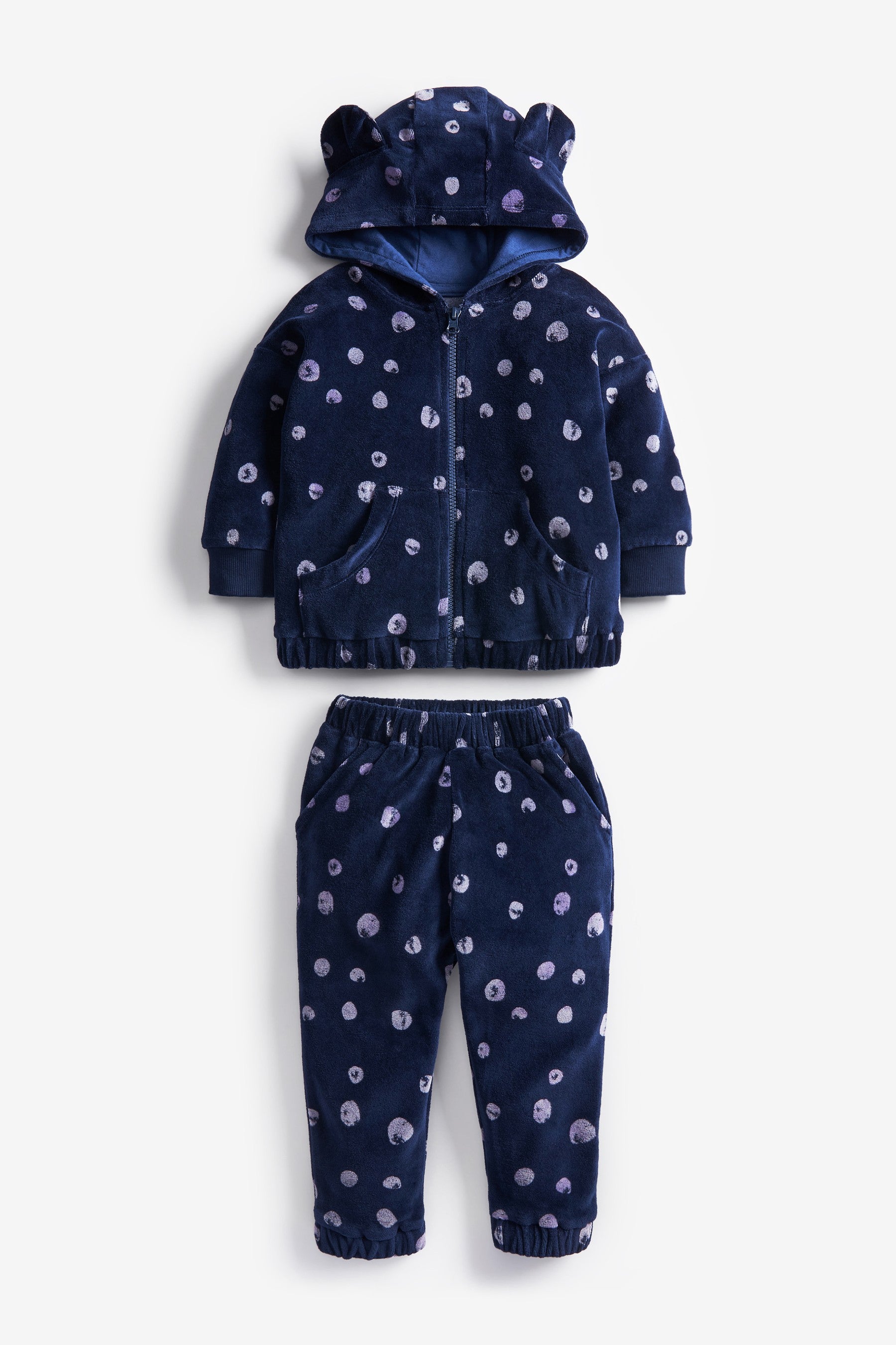 Navy Spot Hooded Velour Set (3mths-7yrs)