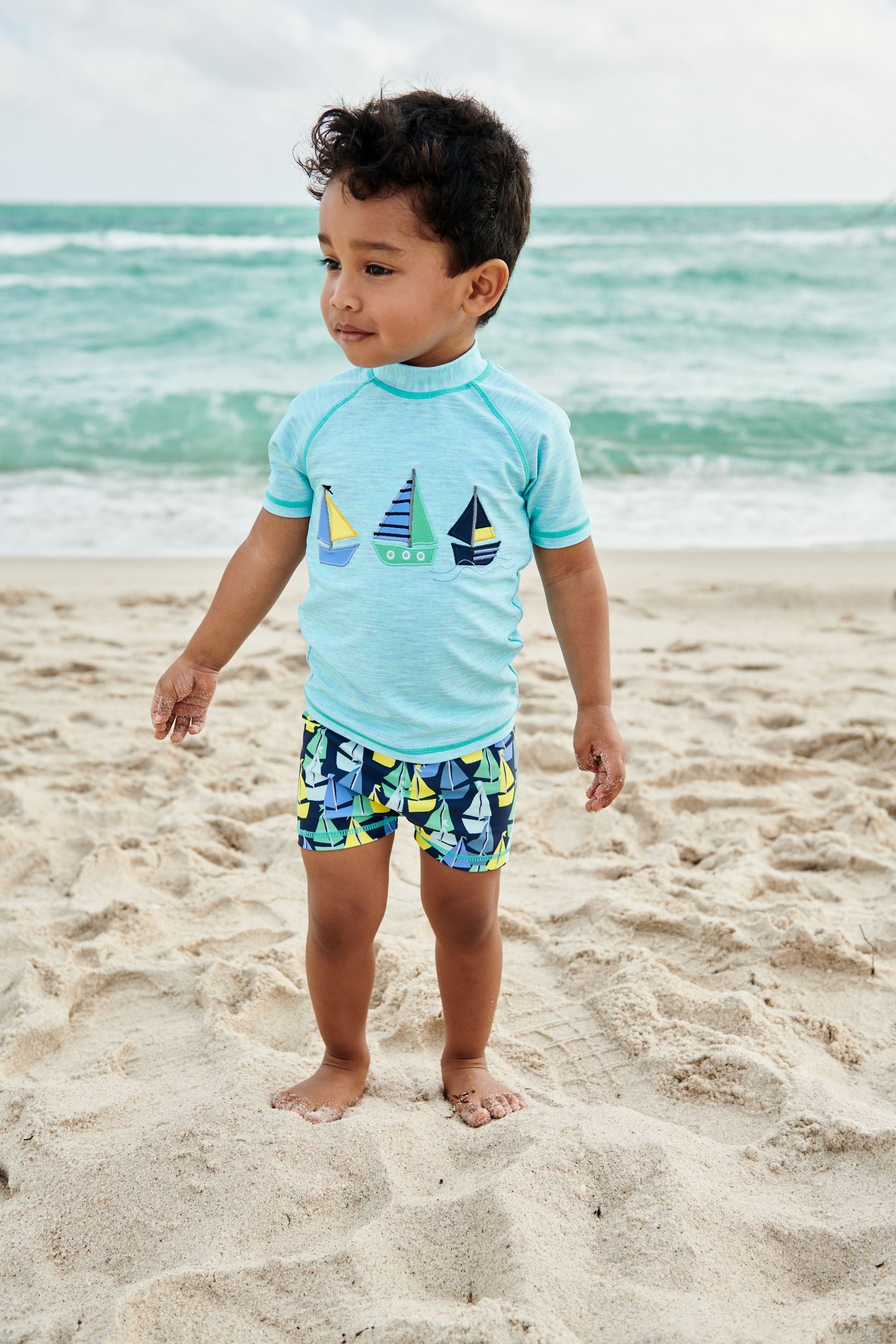 Blue/Green Boat 2 Piece Sunsafe Top & Shorts Set (3mths-7yrs)