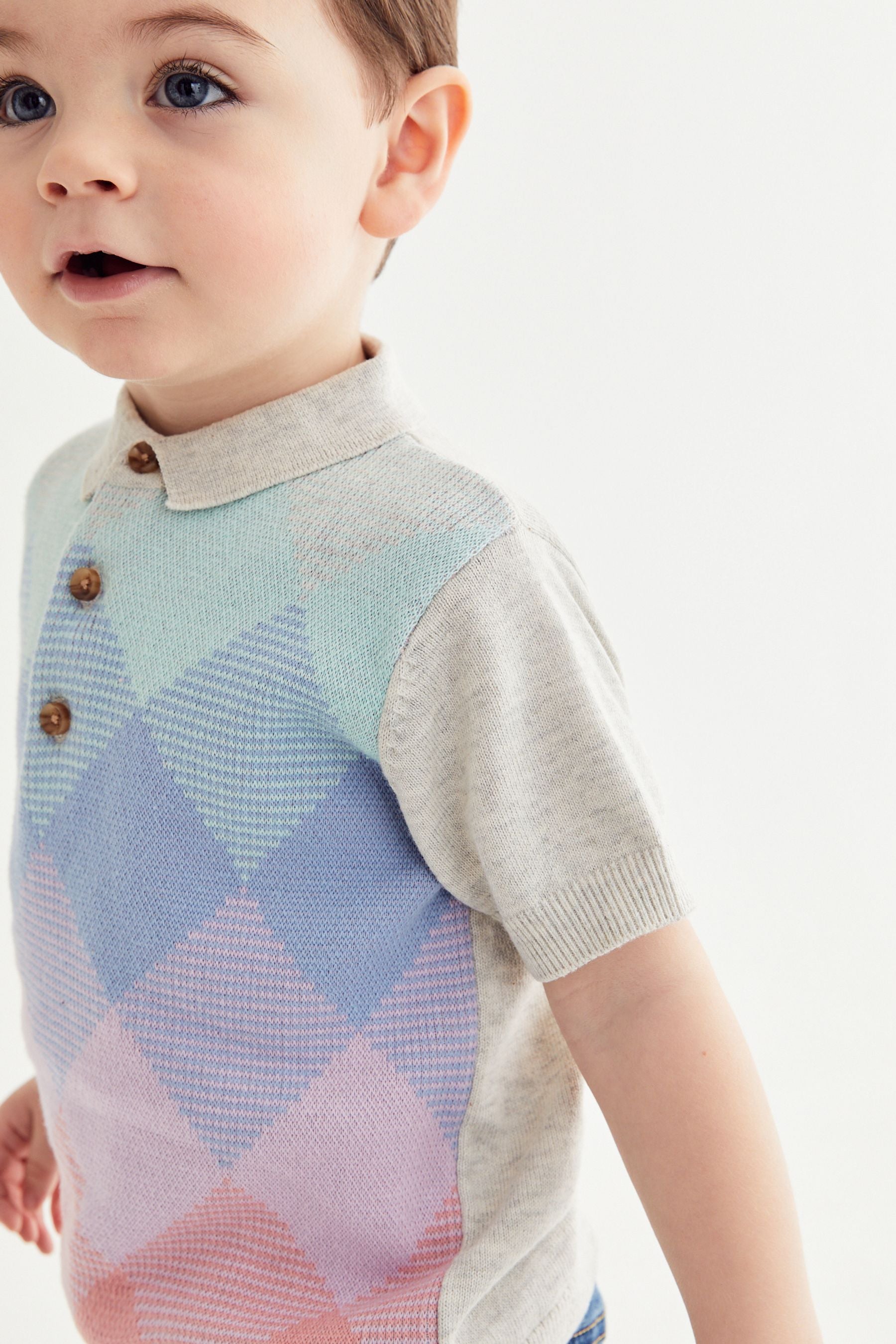 Grey/Blue Short Sleeve Argyle Pattern Knitted Polo Shirt (3mths-7yrs)