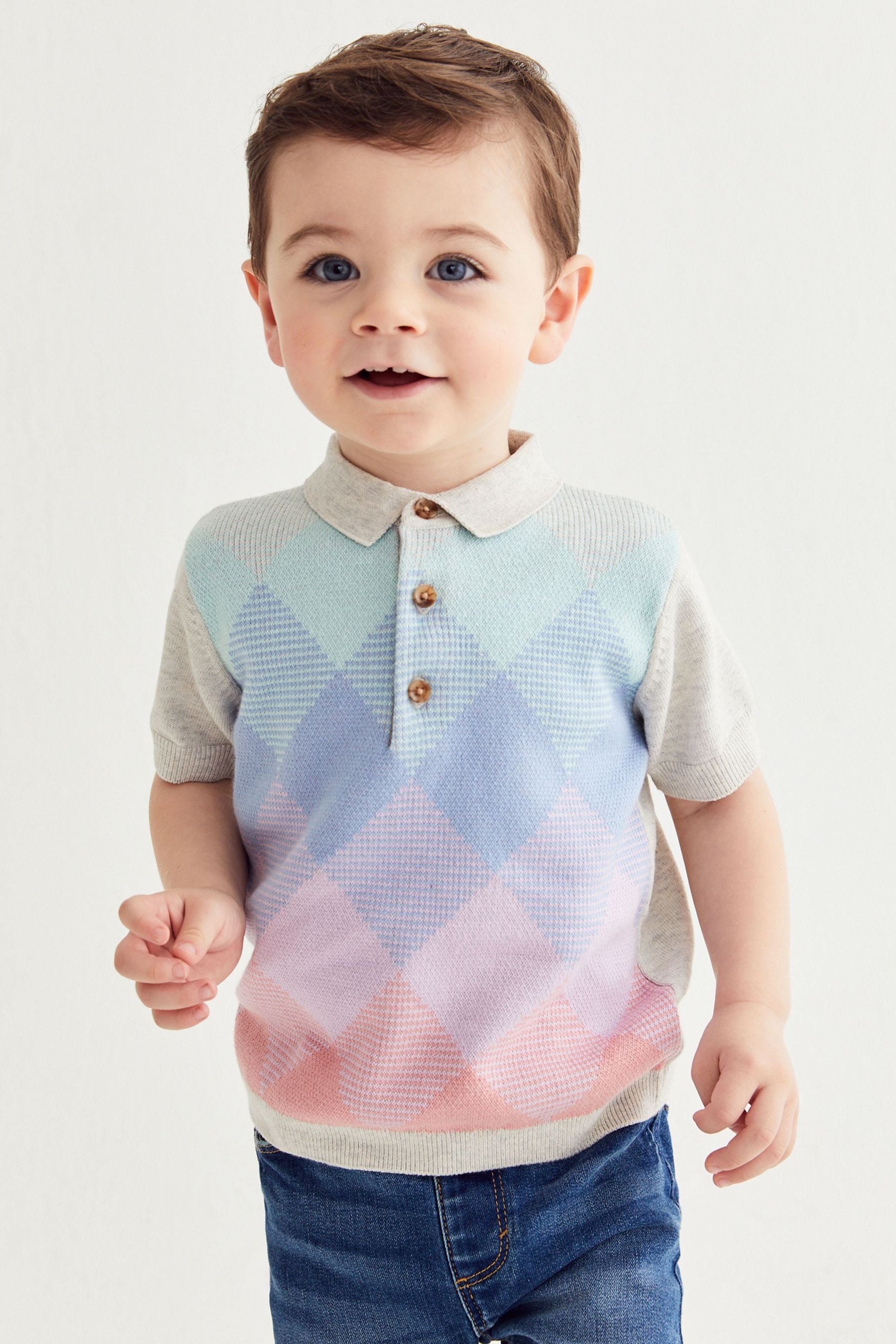 Grey/Blue Short Sleeve Argyle Pattern Knitted Polo Shirt (3mths-7yrs)