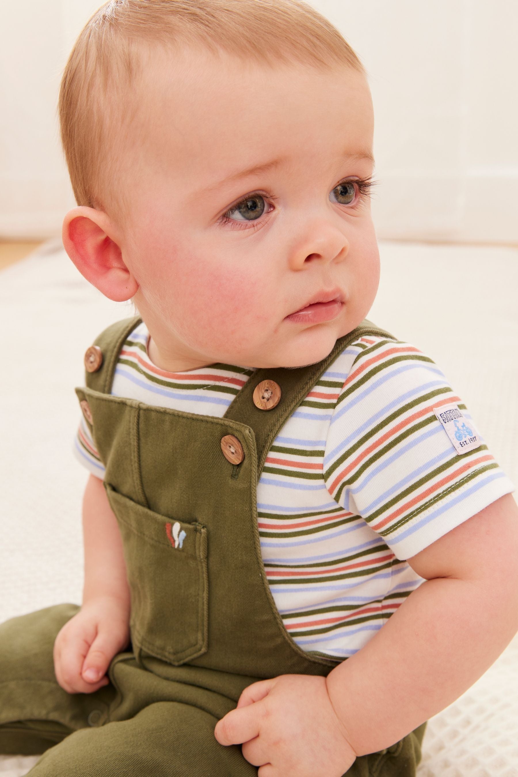 FatFace Baby Crew Khaki Dungaree Set