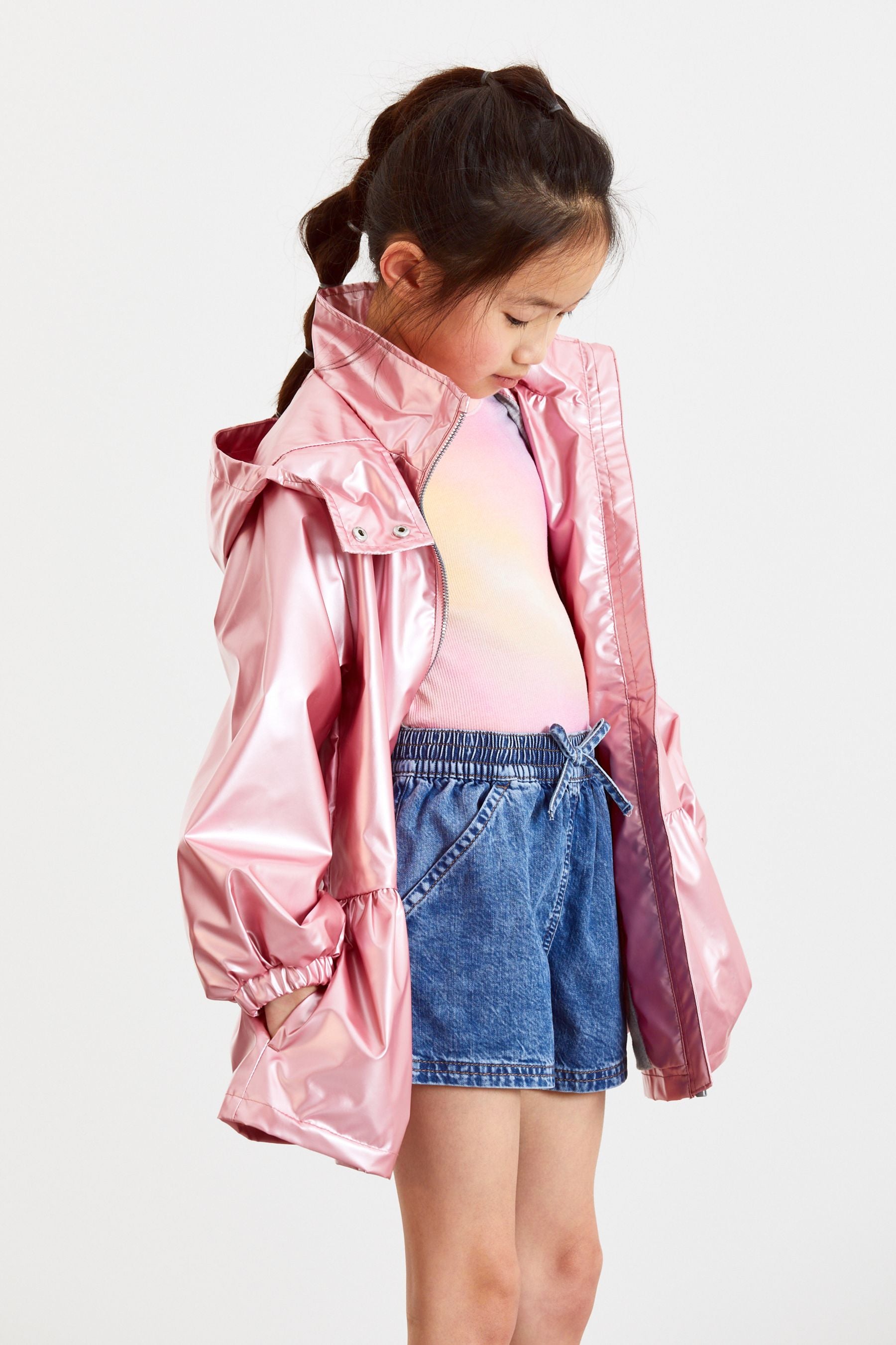 Pink Shower Resistant Metallic Frill Hem Mac (3-16yrs)