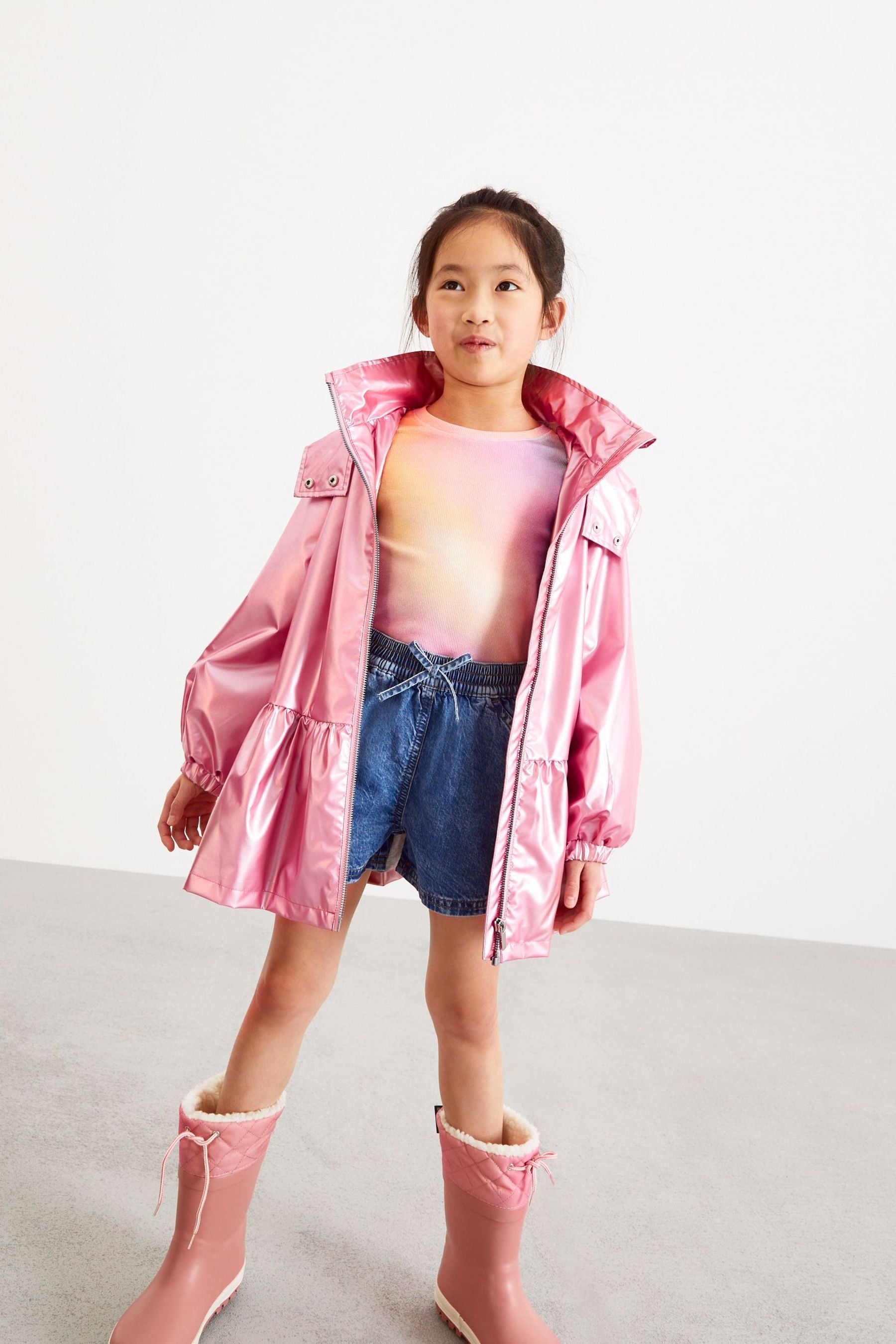 Pink Shower Resistant Metallic Frill Hem Mac (3-16yrs)