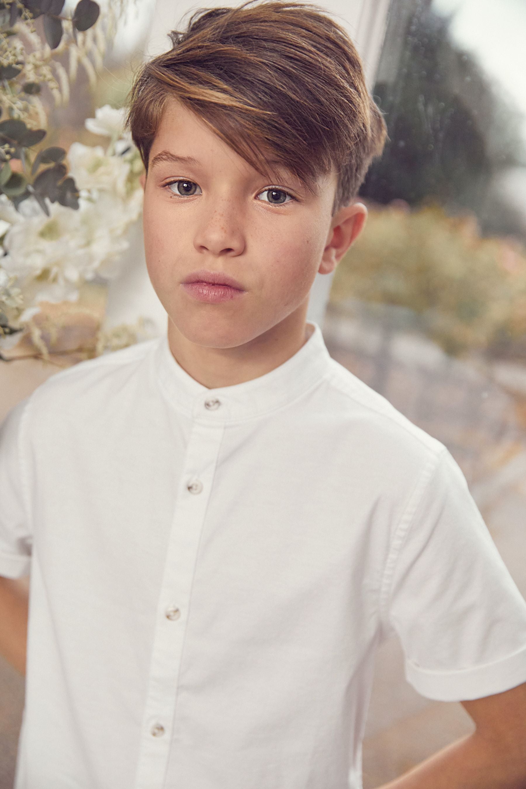 White Short Sleeve Oxford Shirt With Grandad Collar (3-16yrs)