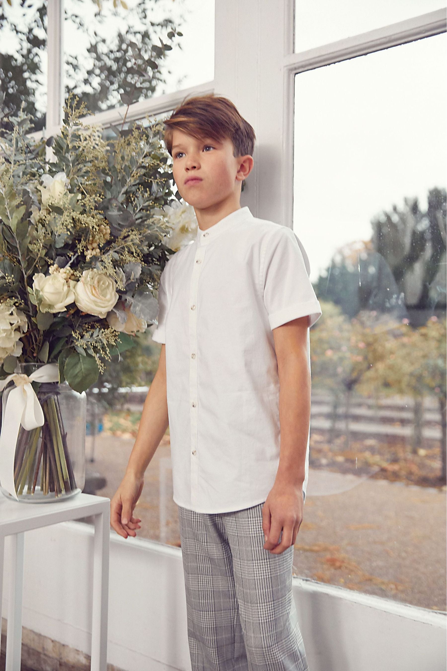 White Short Sleeve Oxford Shirt With Grandad Collar (3-16yrs)