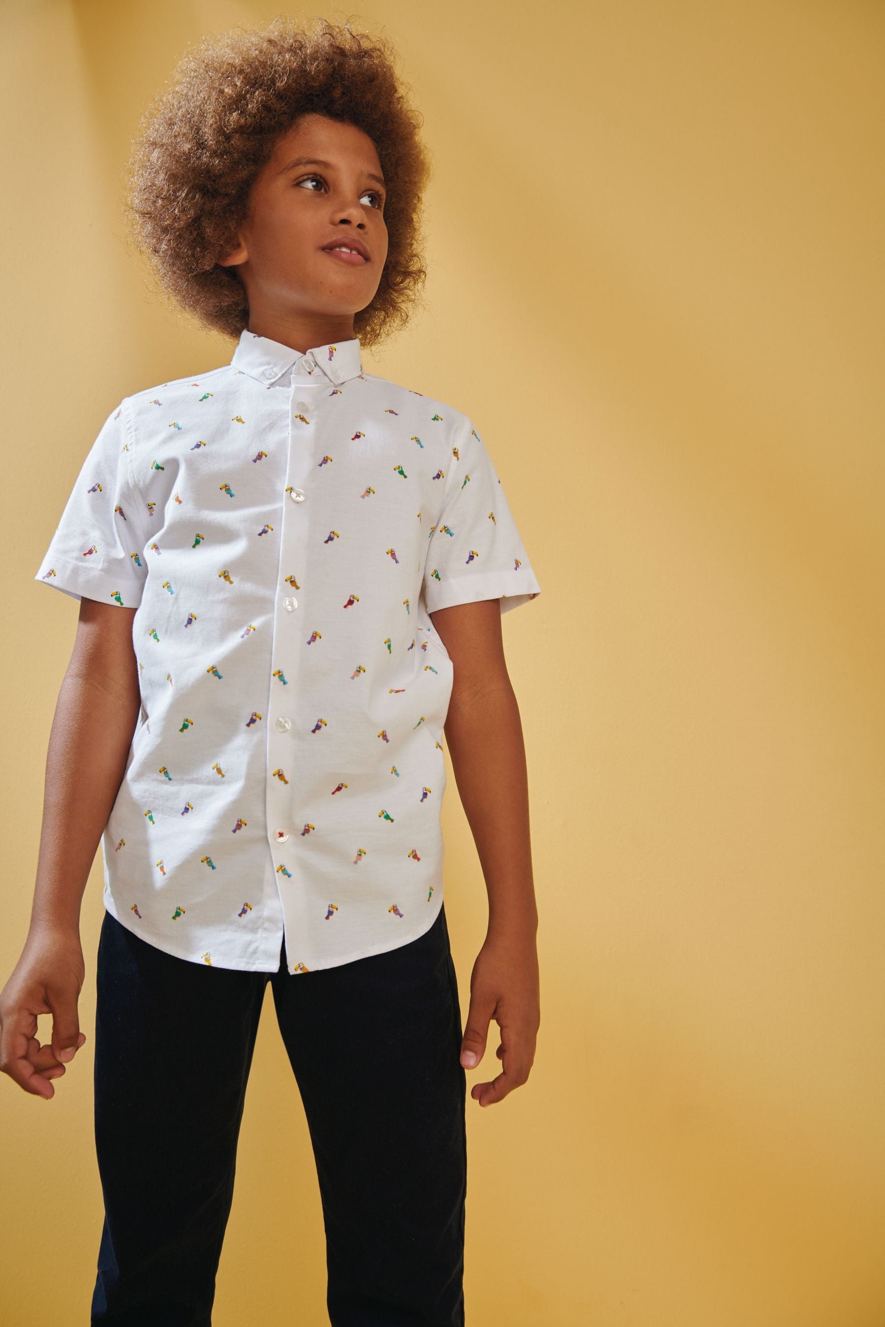 White With Toucan Print Short Sleeve Oxford Shirt (3-16yrs)