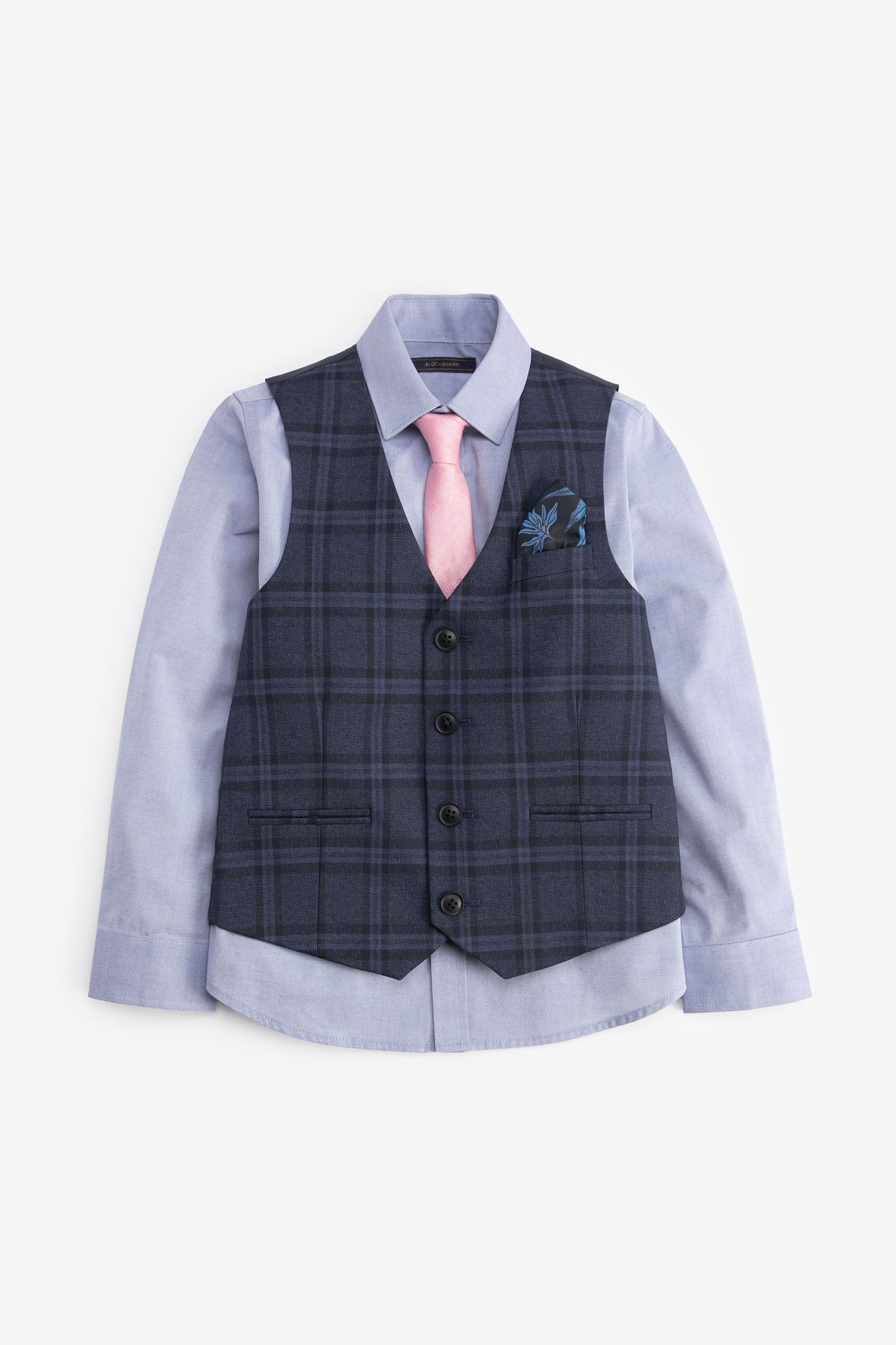 Blue Check Waistcoat, Blue Shirt & Tie Set Waistcoat (12mths-16yrs)