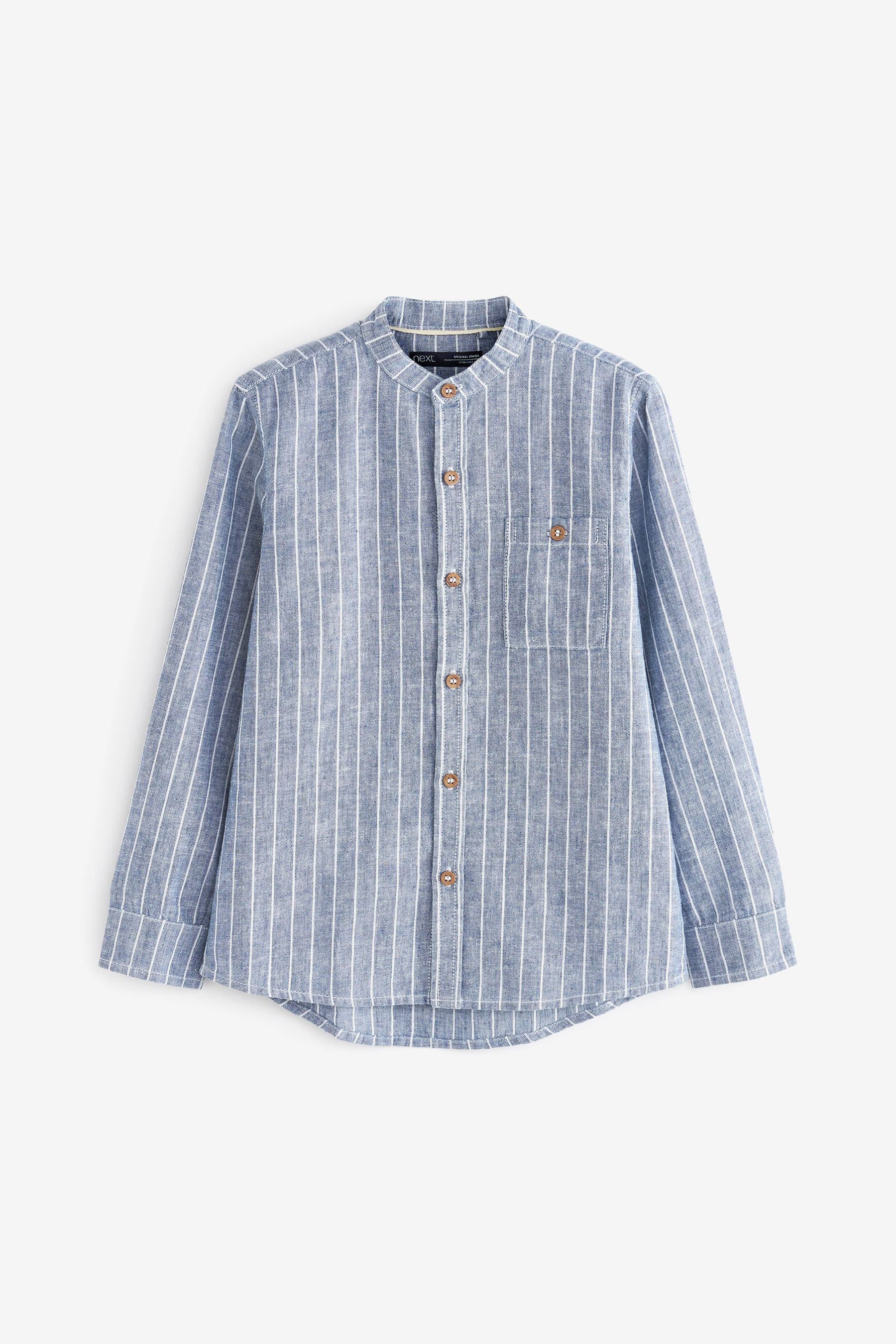 Blue Stripe Long Sleeve Grandad Collar Linen Mix Shirt (3-16yrs)