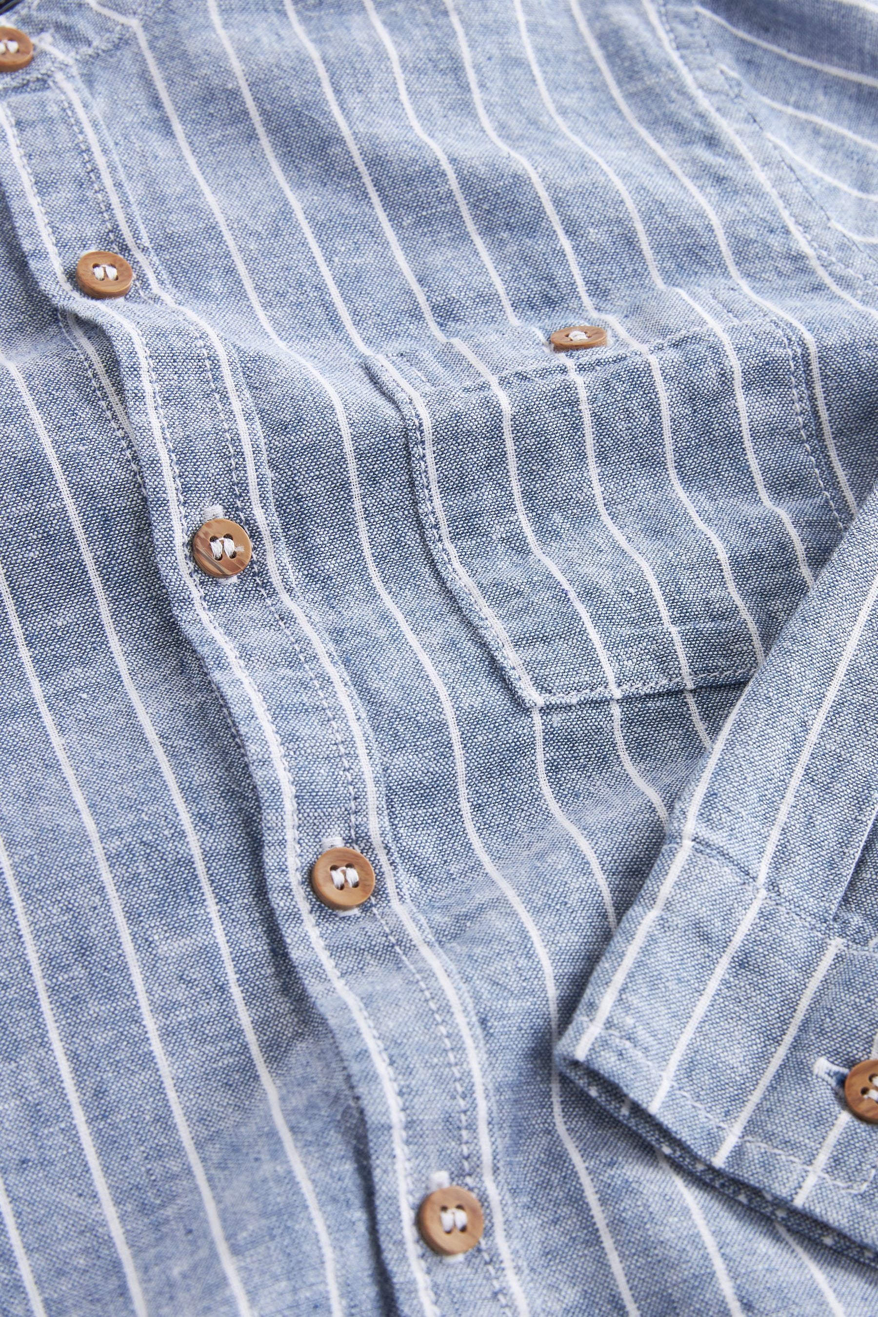 Blue Stripe Long Sleeve Grandad Collar Linen Mix Shirt (3-16yrs)