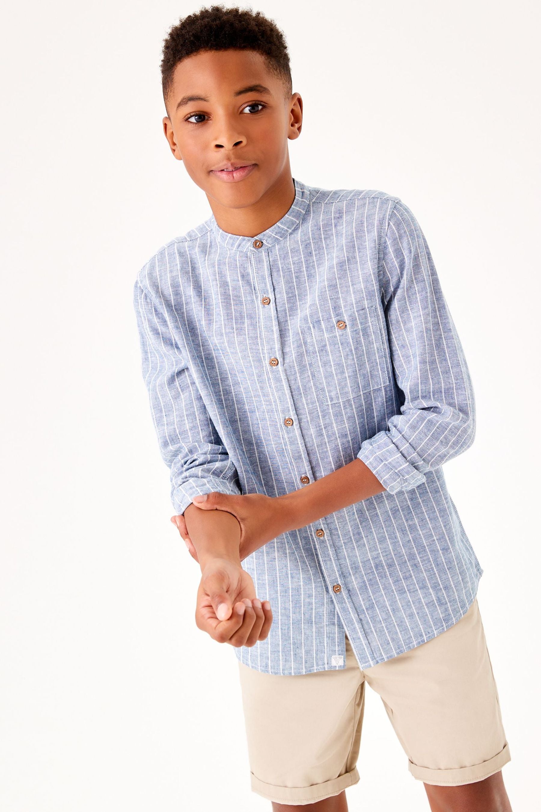 Blue Stripe Long Sleeve Grandad Collar Linen Mix Shirt (3-16yrs)