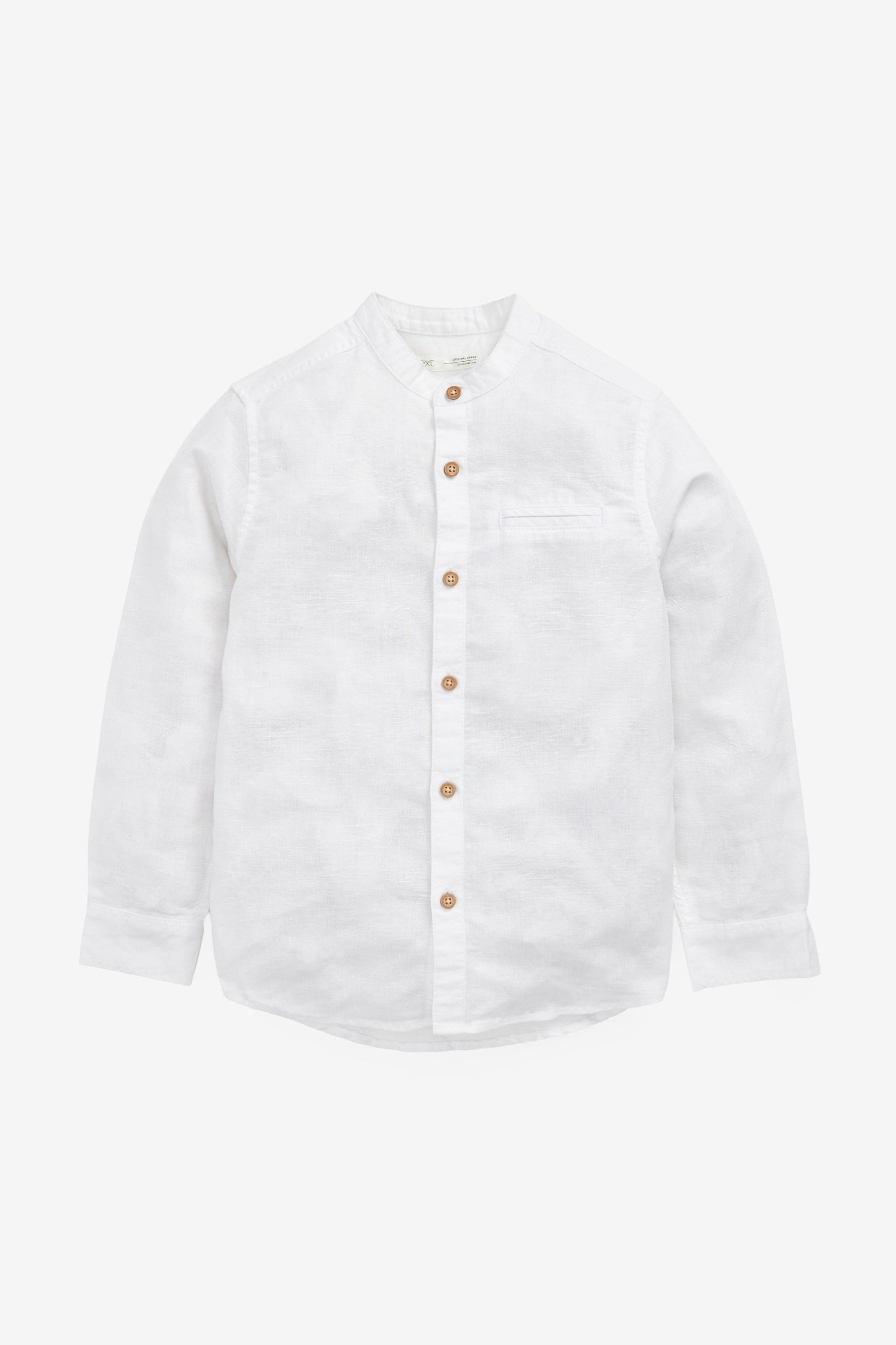 White Long Sleeve Grandad Collar Linen Mix Shirt (3-16yrs)