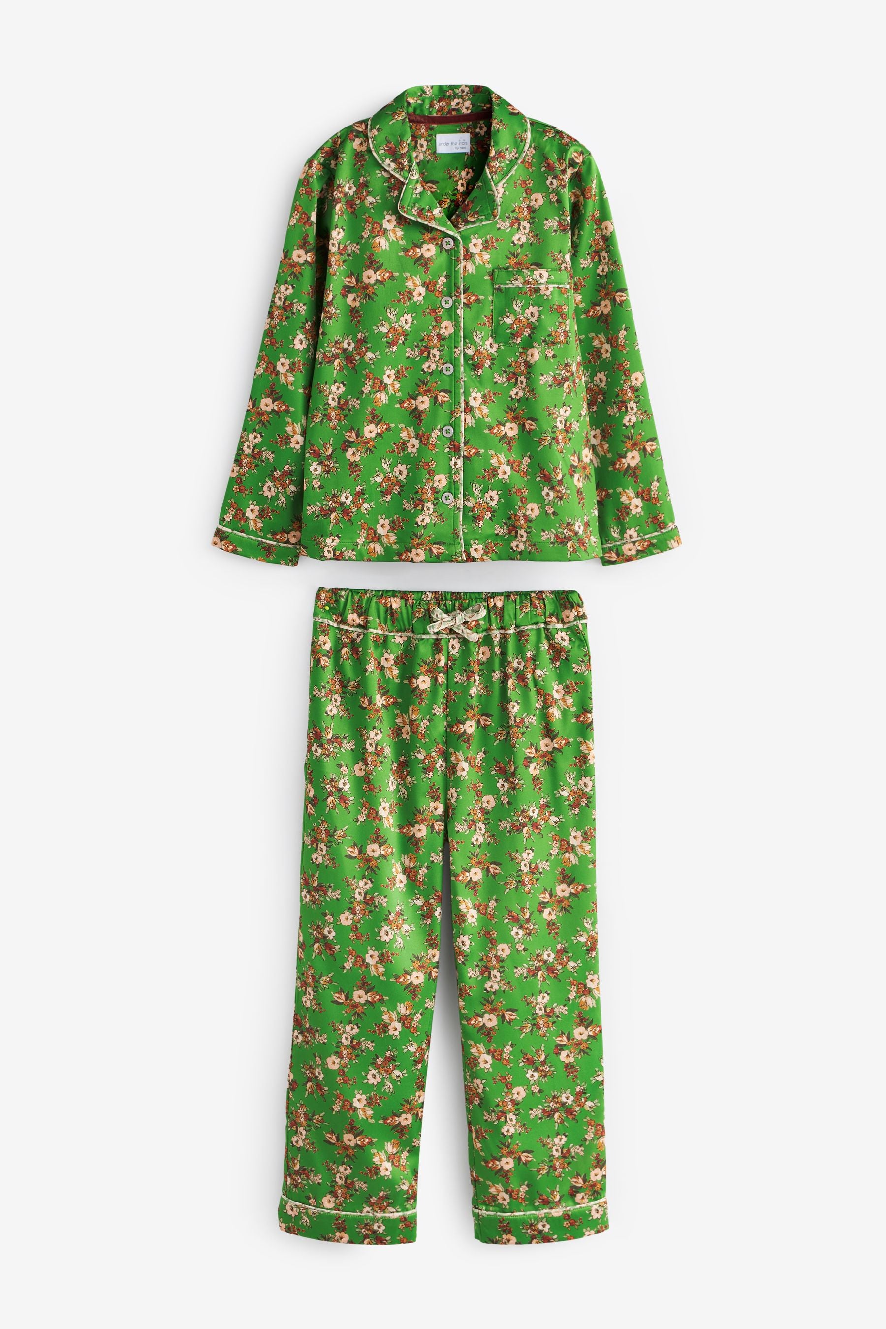 Green Floral Satin Button Through Pyjama Set (3-16yrs)