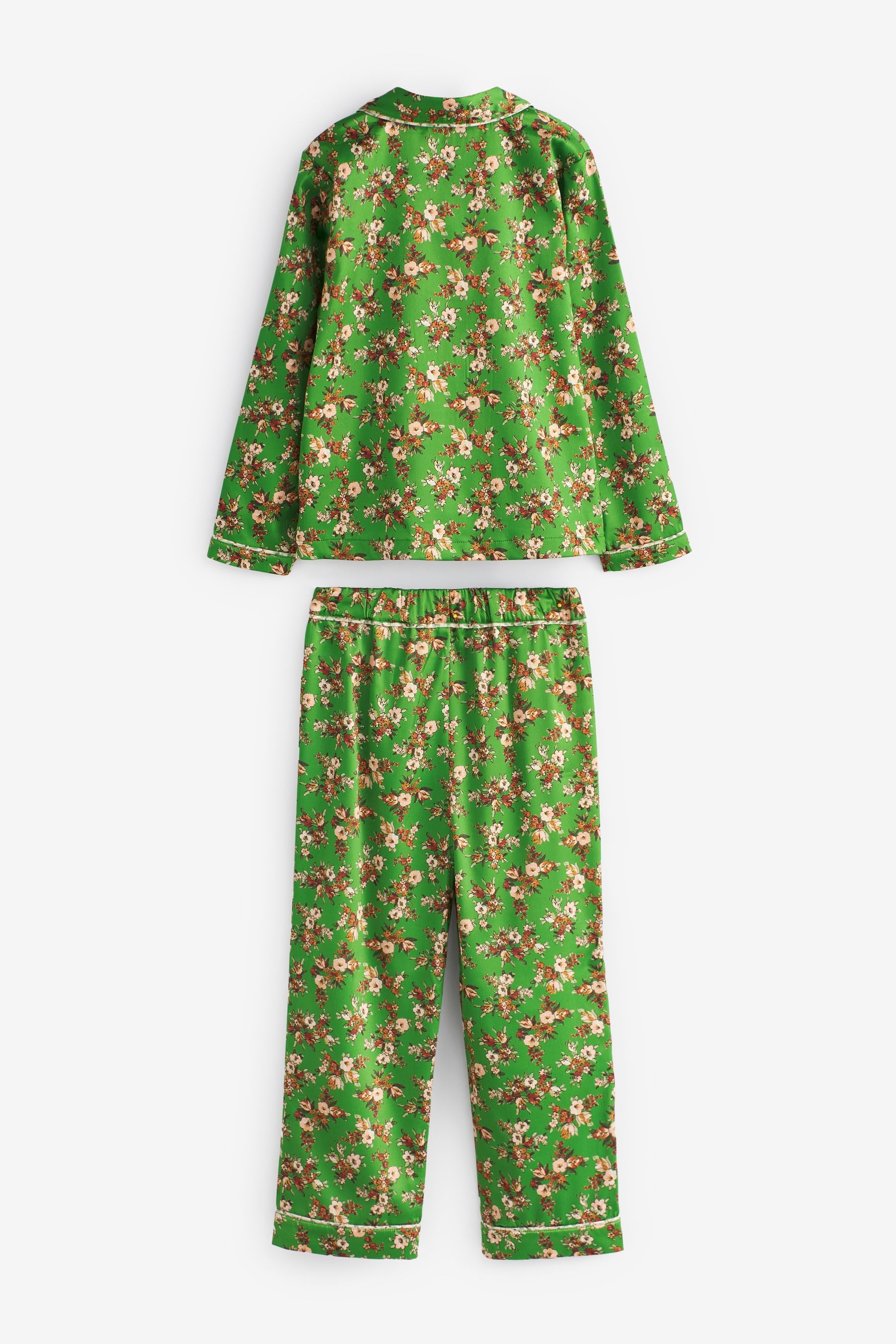 Green Floral Satin Button Through Pyjama Set (3-16yrs)