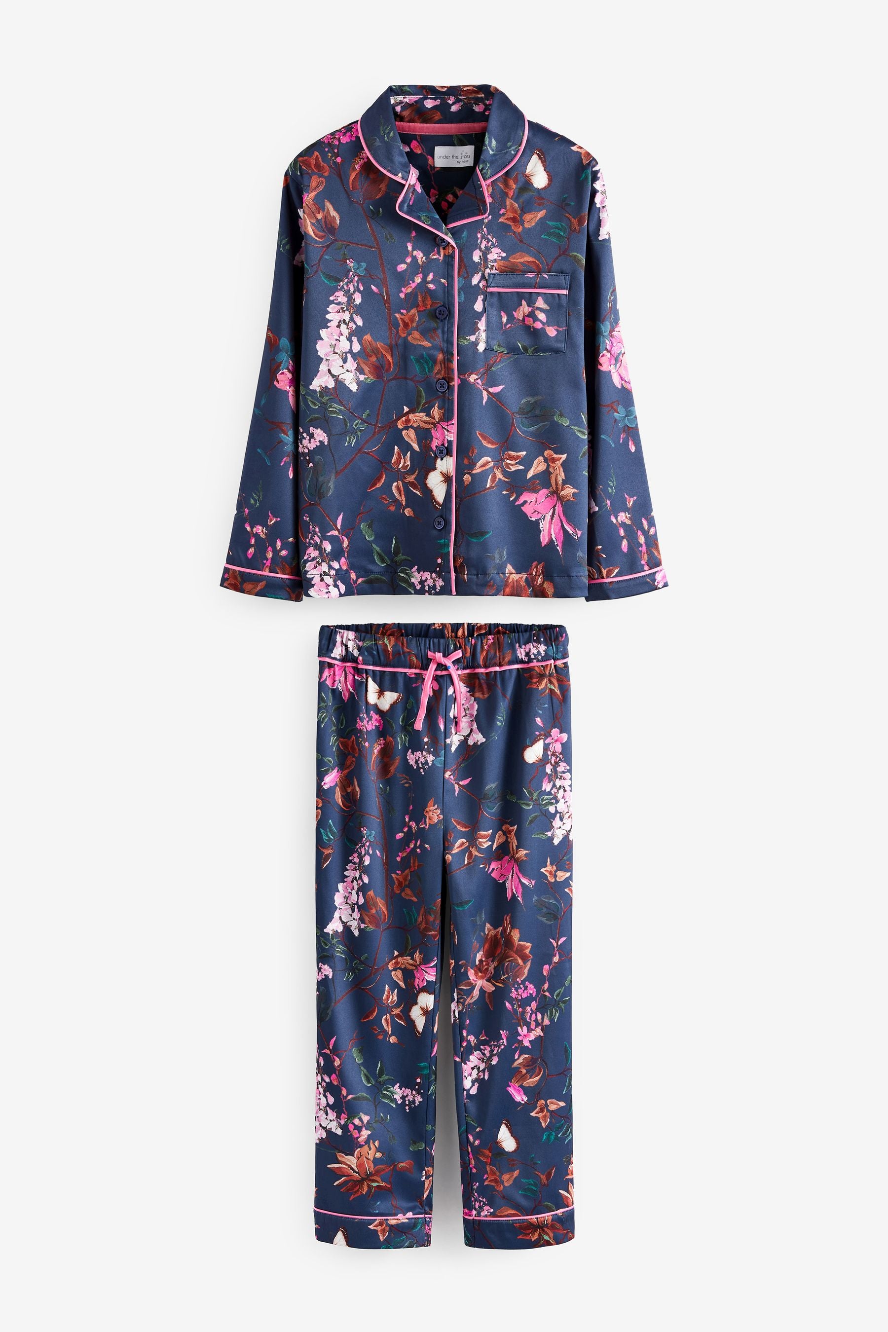 Navy Blue/Pink Floral Satin Button Through Pyjama Set (3-16yrs)