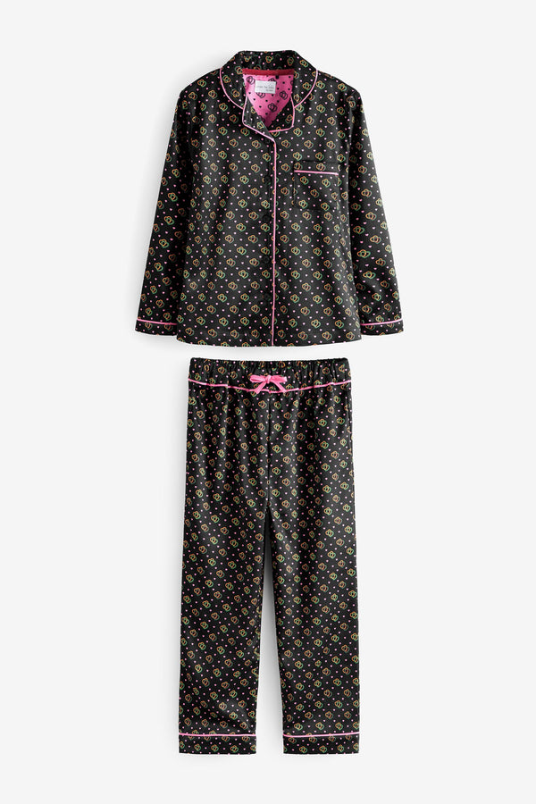 Black/Pink Satin Button Through Pyjama Set (3-16yrs)