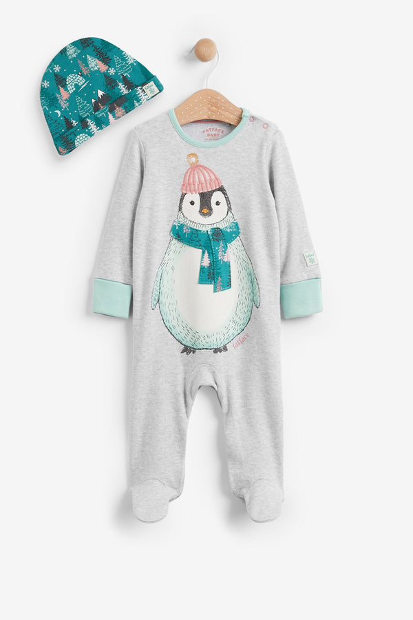 FatFace Baby Crew Penguin Sleepsuit And Hat Set