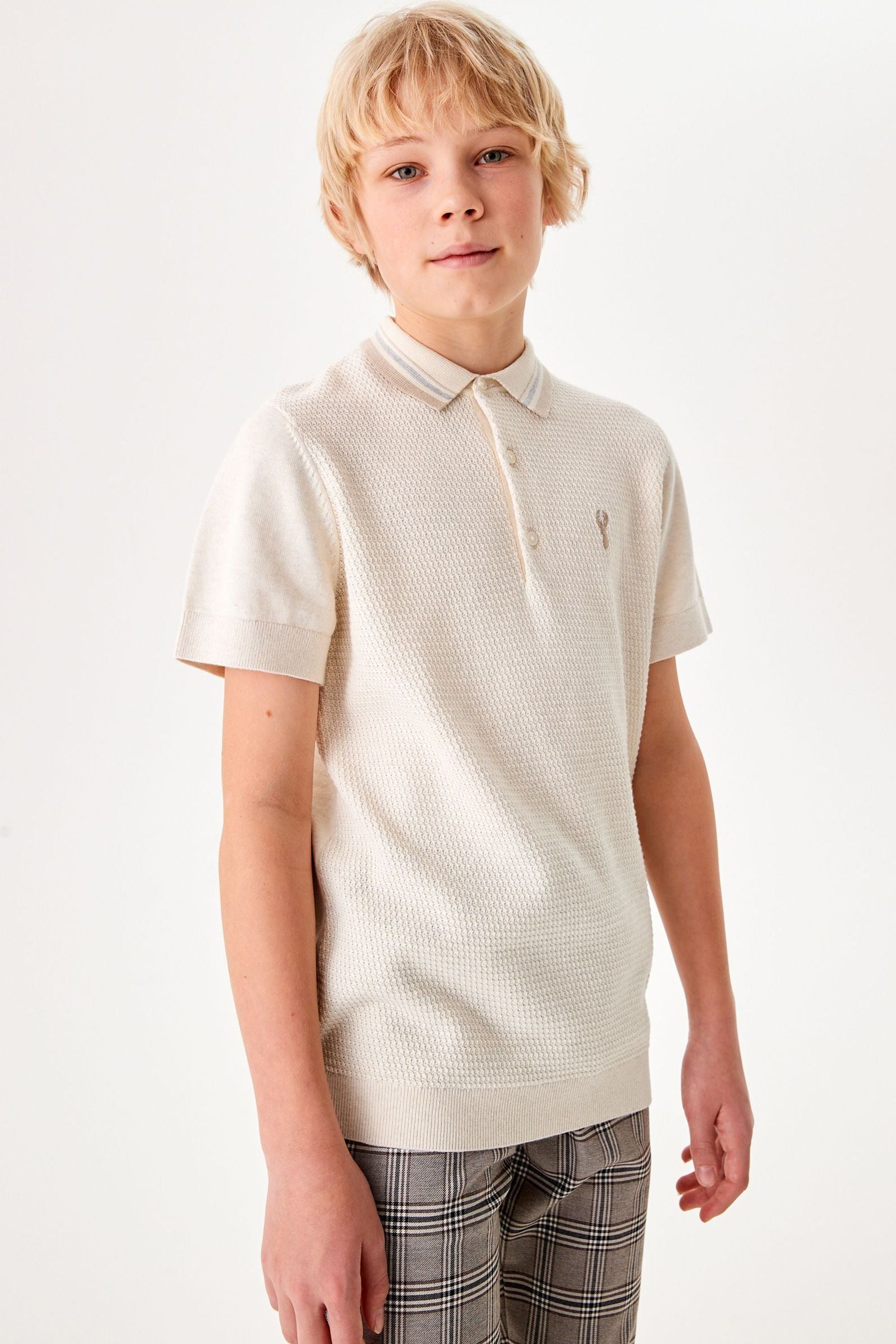 Ecru White Textured Knit Polo Shirt (3-16yrs)