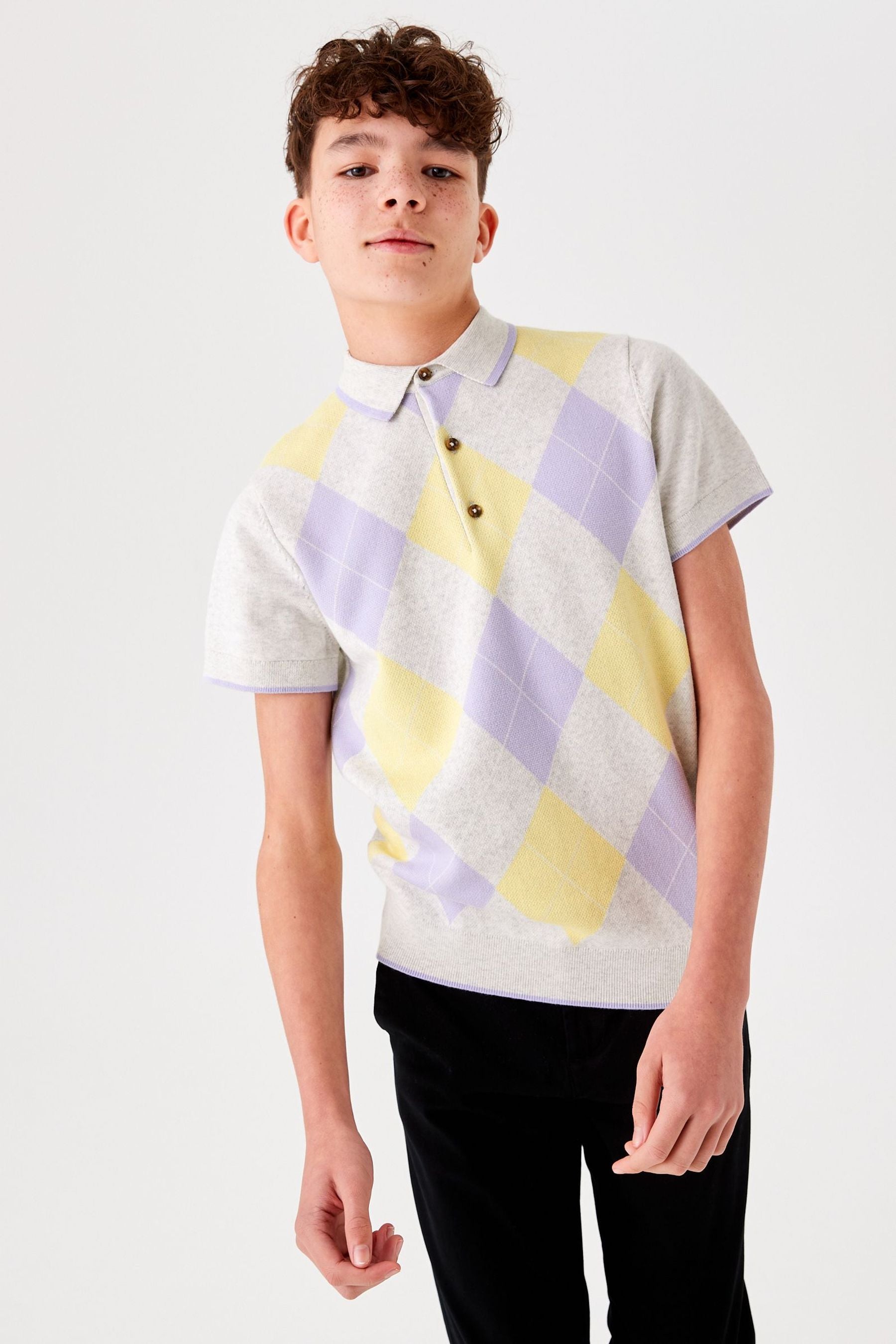 Grey Short Sleeve Pale Argyle Pattern Knit Polo Shirt (3-16yrs)