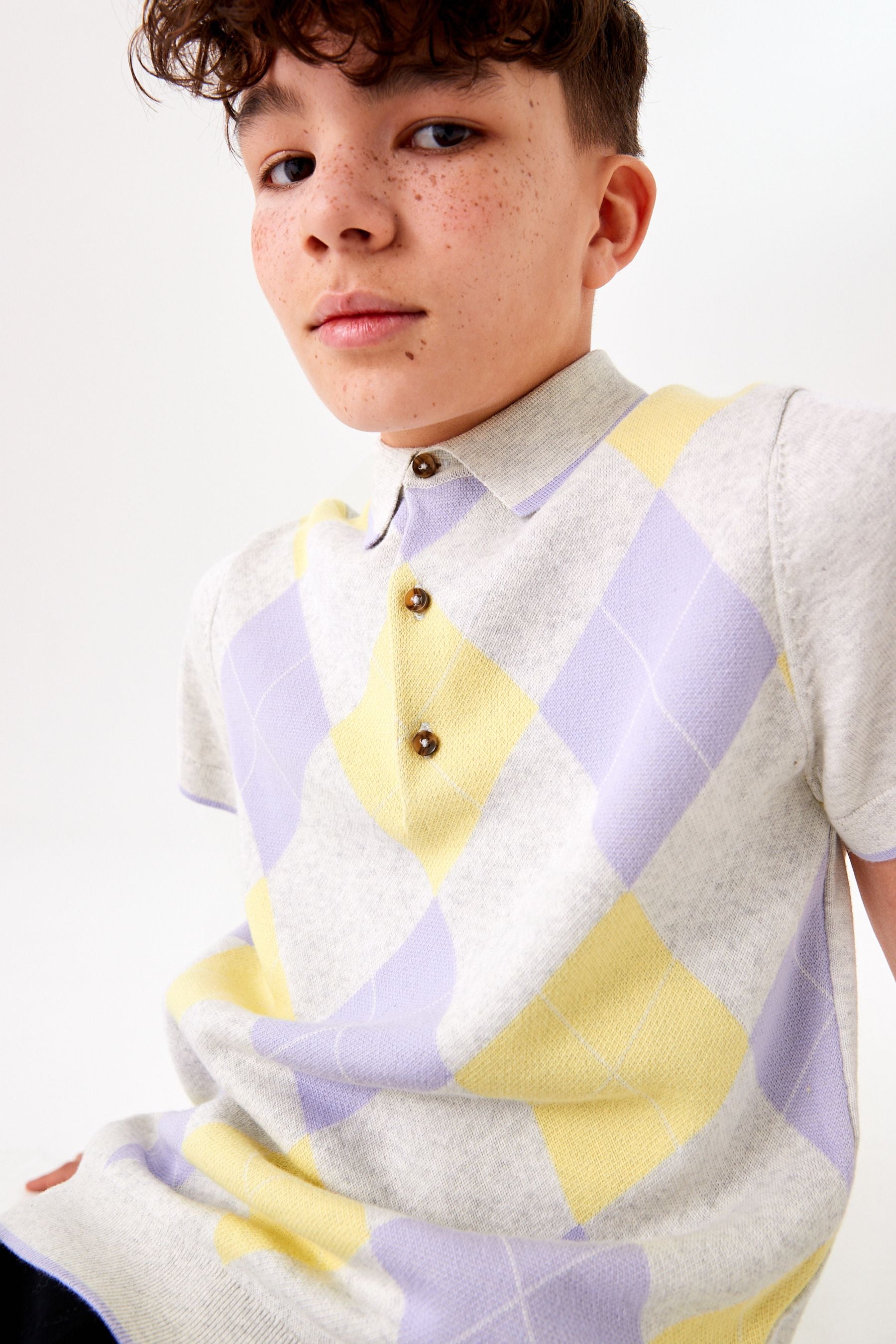 Grey Short Sleeve Pale Argyle Pattern Knit Polo Shirt (3-16yrs)