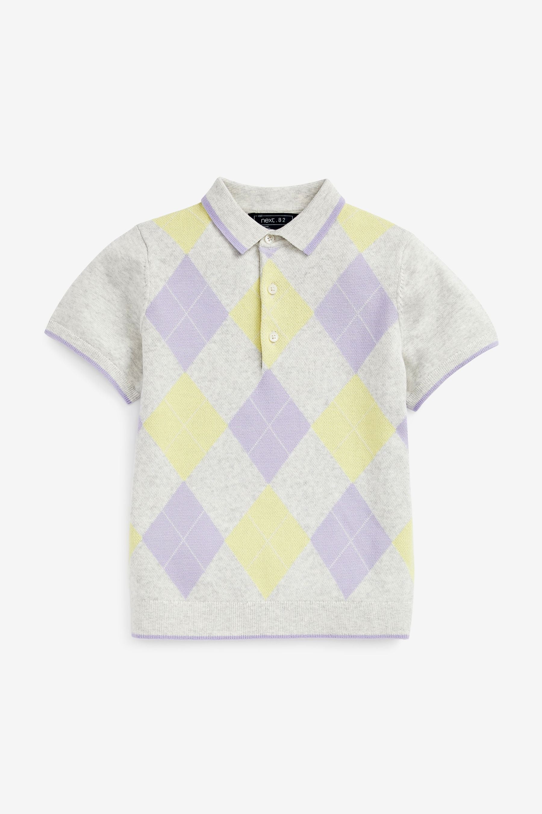 Grey Short Sleeve Pale Argyle Pattern Knit Polo Shirt (3-16yrs)