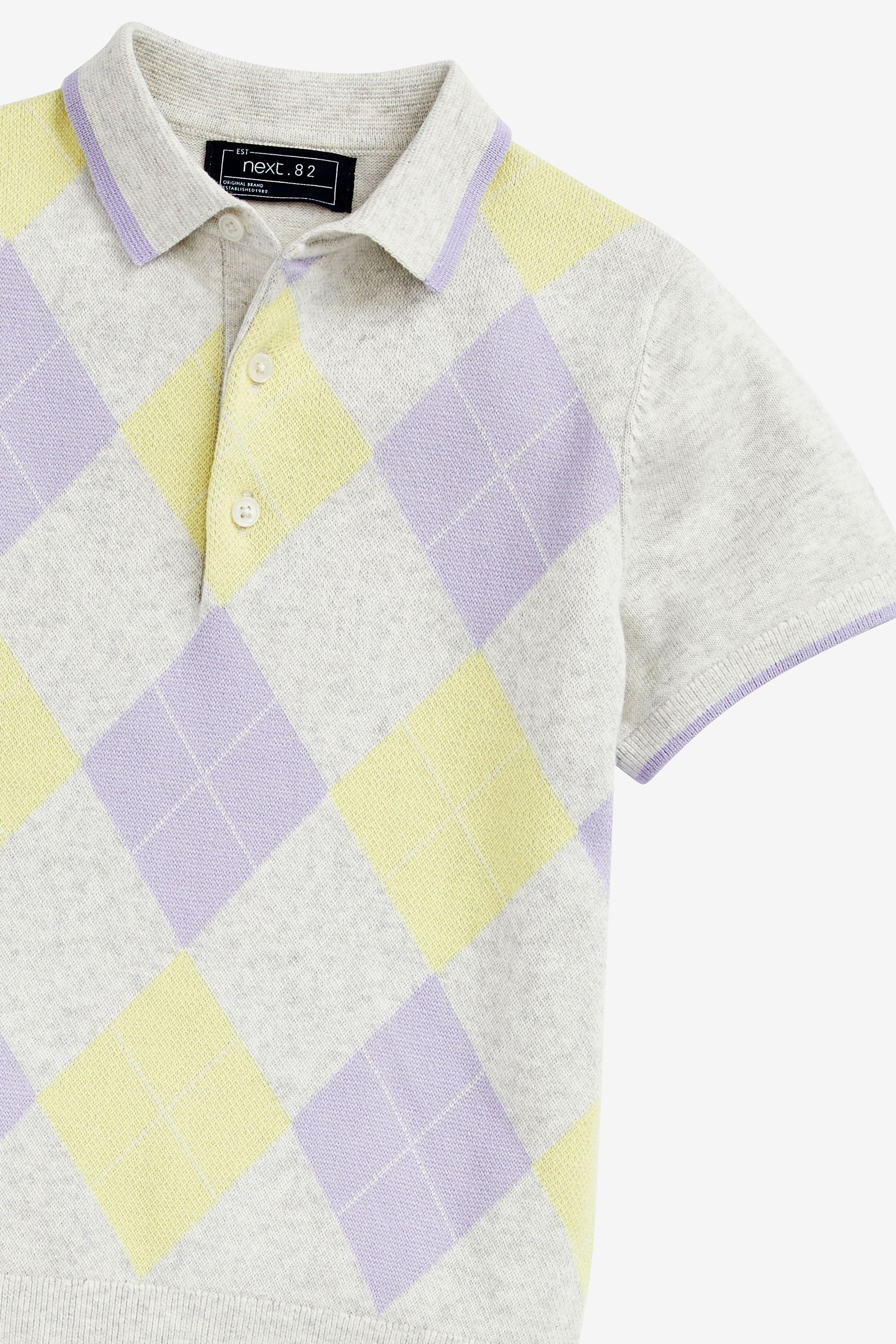 Grey Short Sleeve Pale Argyle Pattern Knit Polo Shirt (3-16yrs)