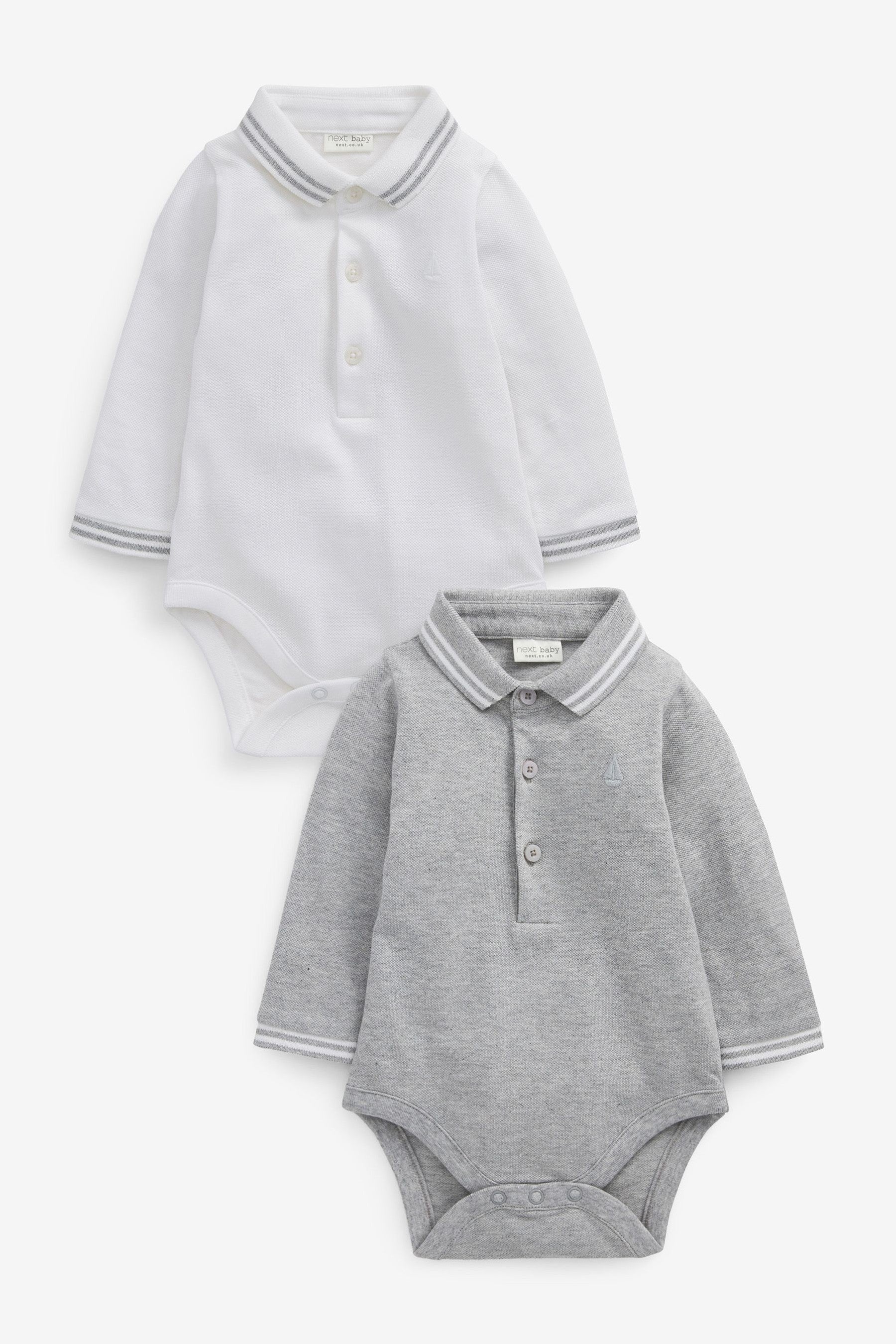 White / Grey 2 Pack Long Sleeved Polo Bodysuits (0mths-3yrs)