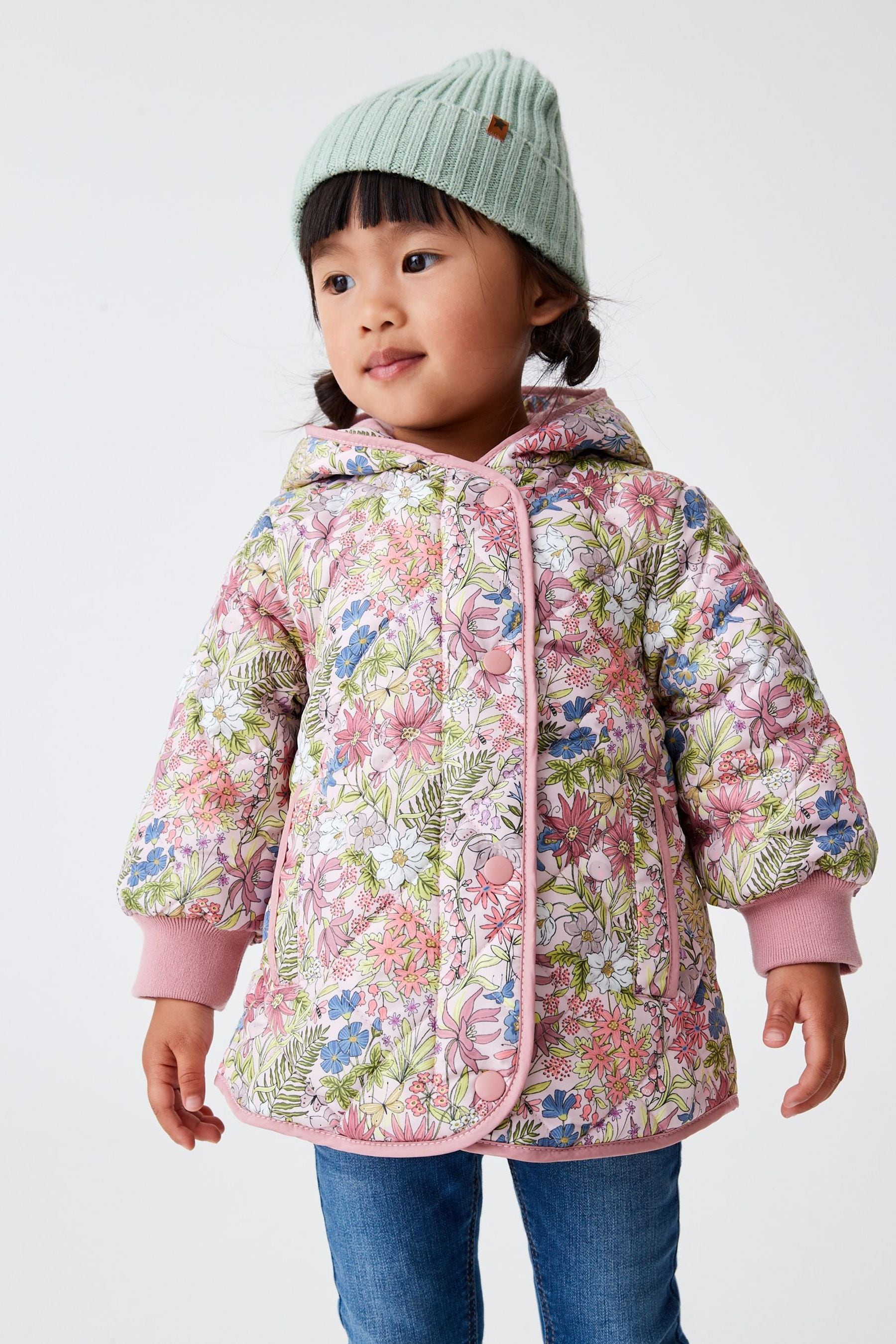 Pink Shower Resistant Floral Printed Quilted Coat (3mths-7yrs)