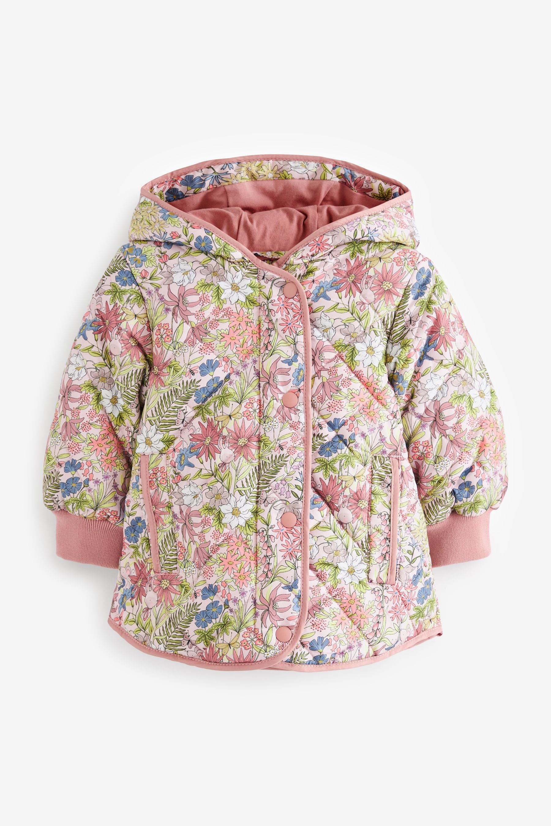 Pink Shower Resistant Floral Printed Quilted Coat (3mths-7yrs)