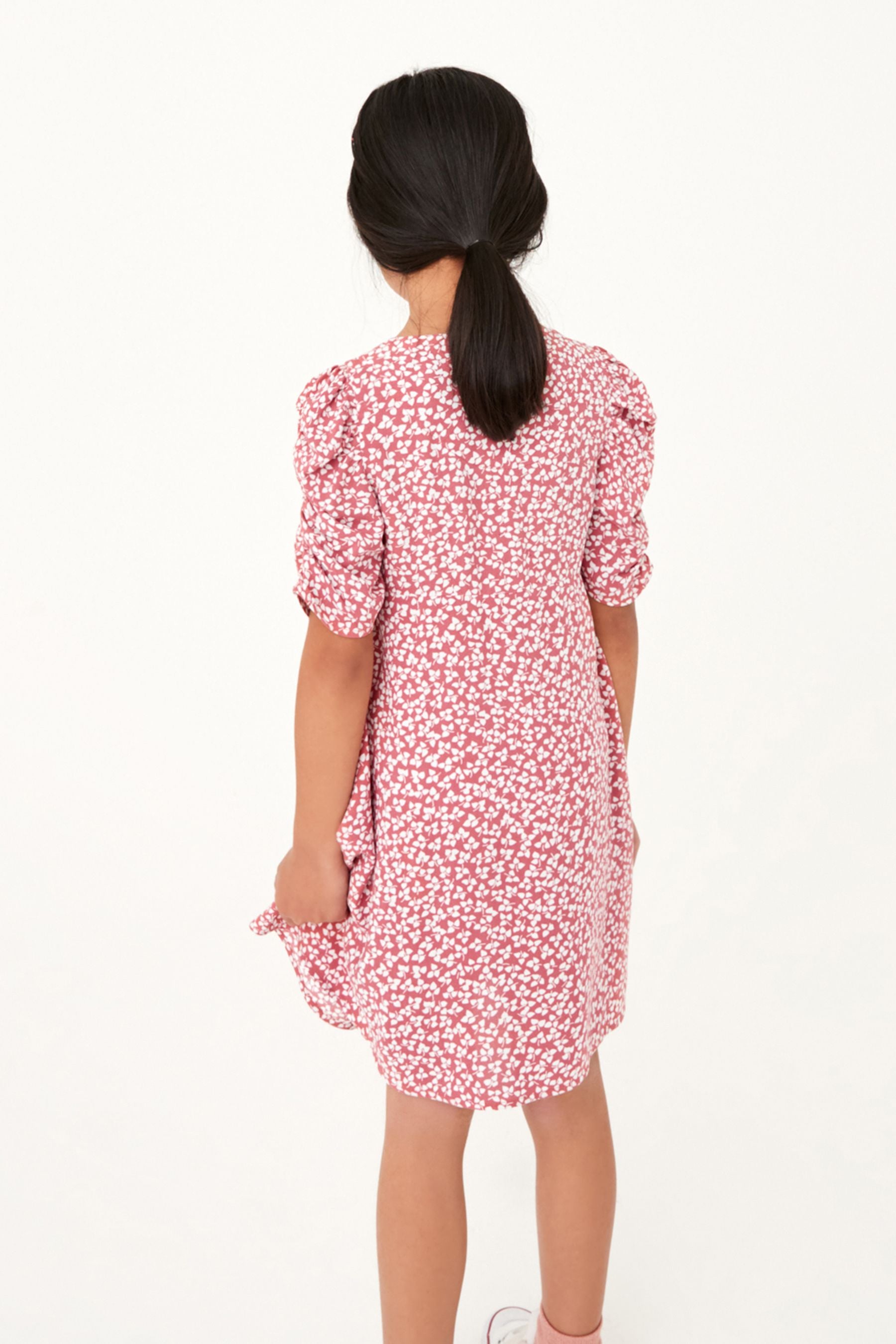 Pink Ditsy Ruched Sleeve Dress (3-16yrs)