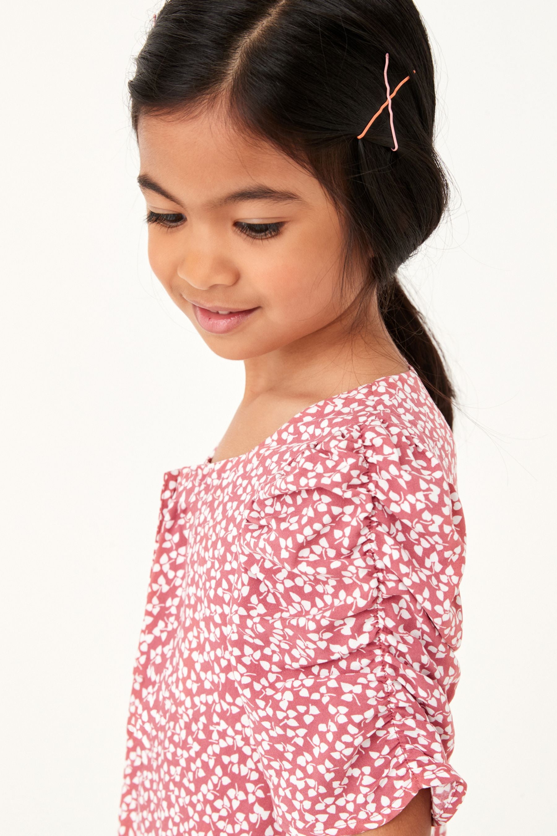 Pink Ditsy Ruched Sleeve Dress (3-16yrs)