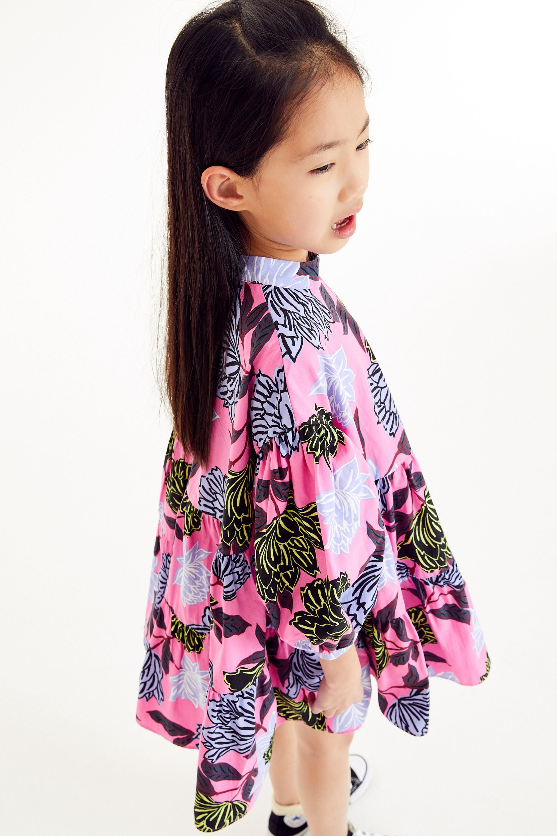 Pink Bold Floral Printed Tiered Dress (3-16yrs)