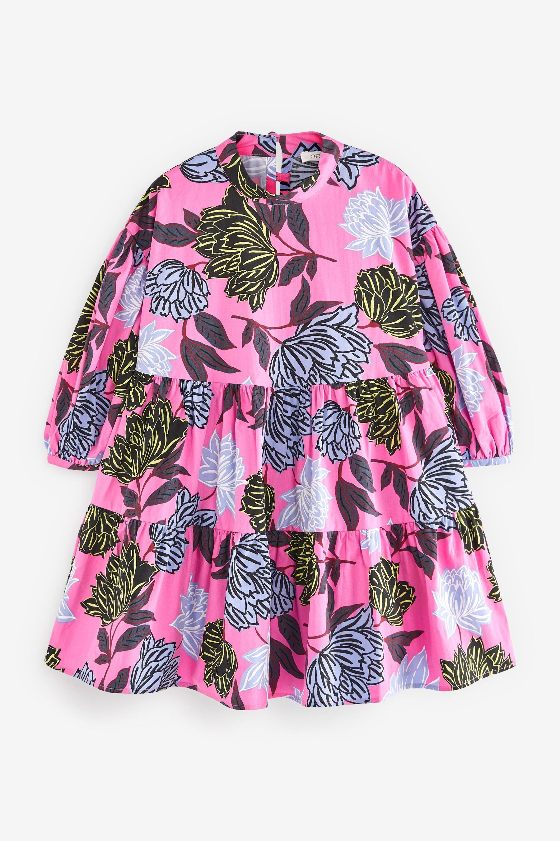 Pink Bold Floral Printed Tiered Dress (3-16yrs)