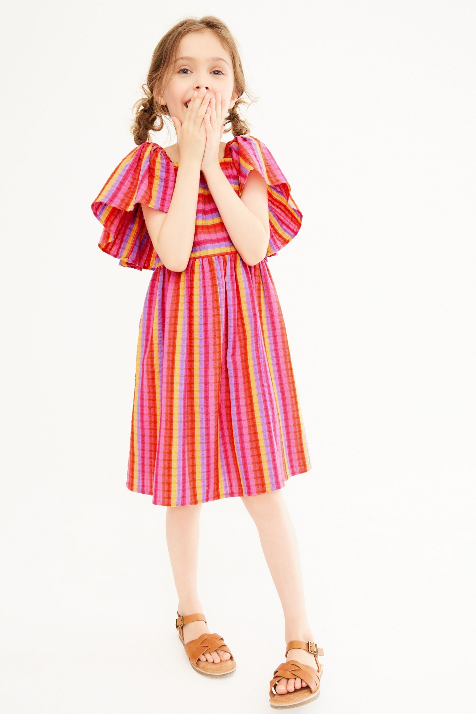 Red/Pink Stripe Angel Sleeve Dress (3-16yrs)