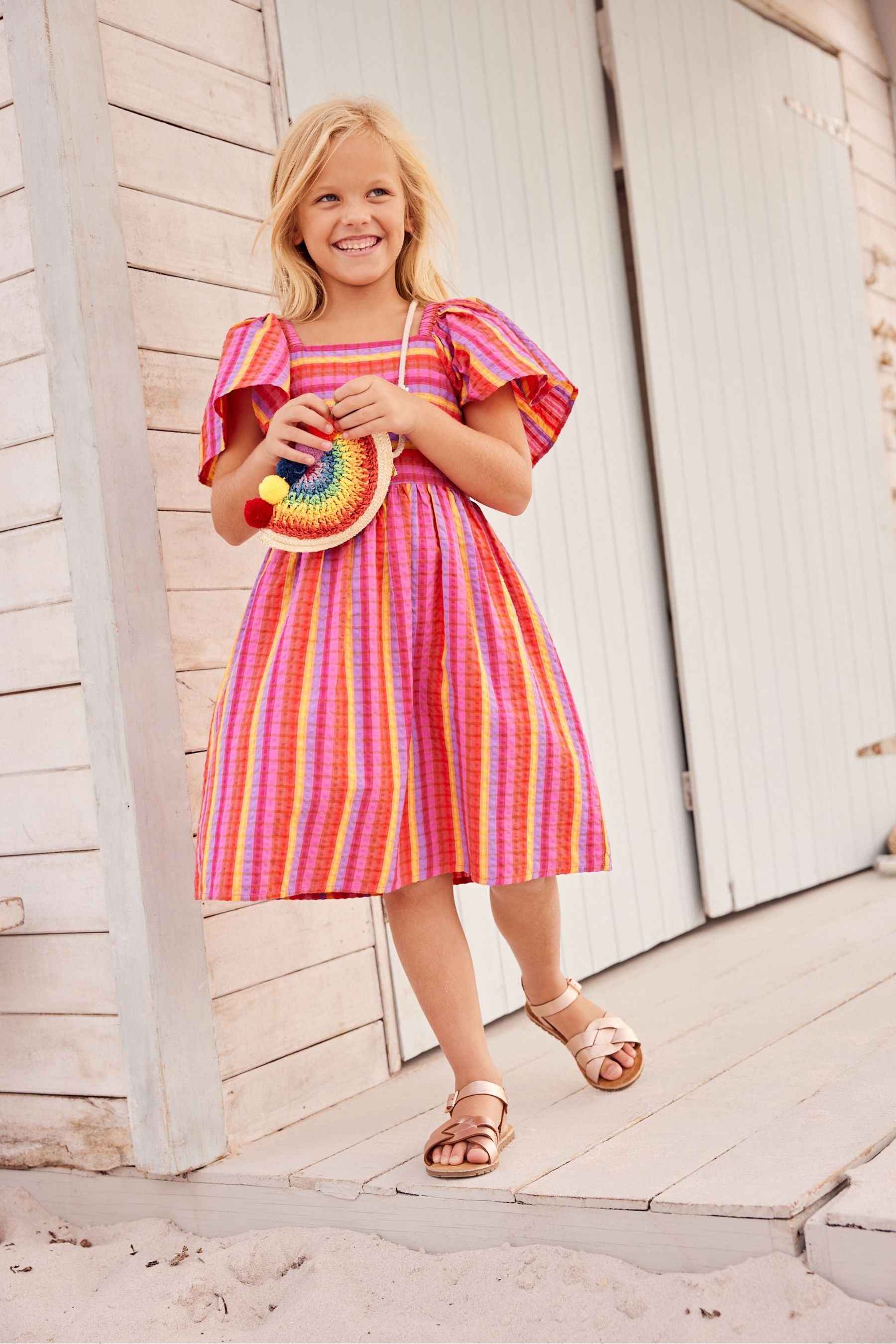 Red/Pink Stripe Angel Sleeve Dress (3-16yrs)